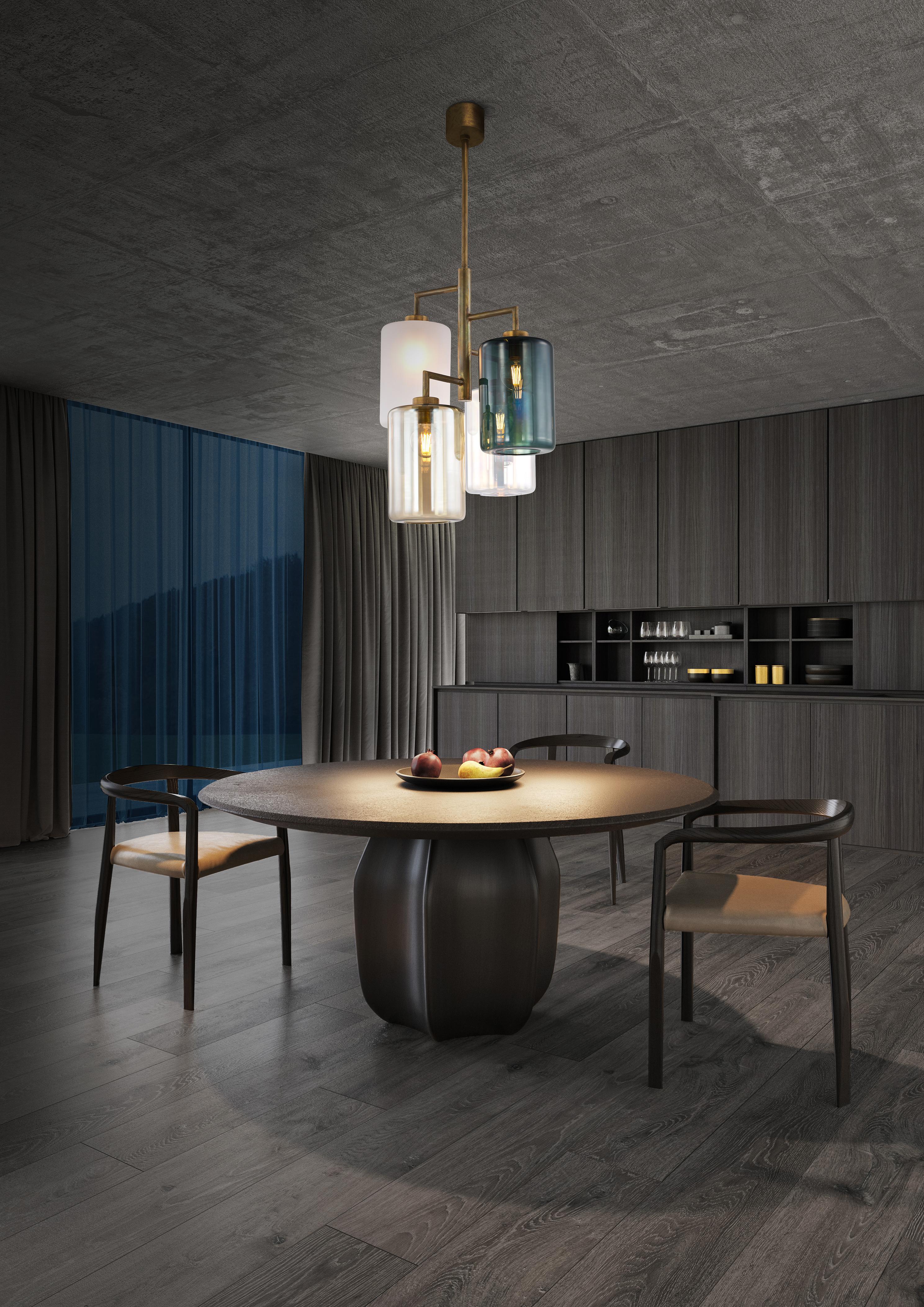 Dutch Modern Pendant with Colored Glass in a Brass Burnished Finish, Louise For Sale