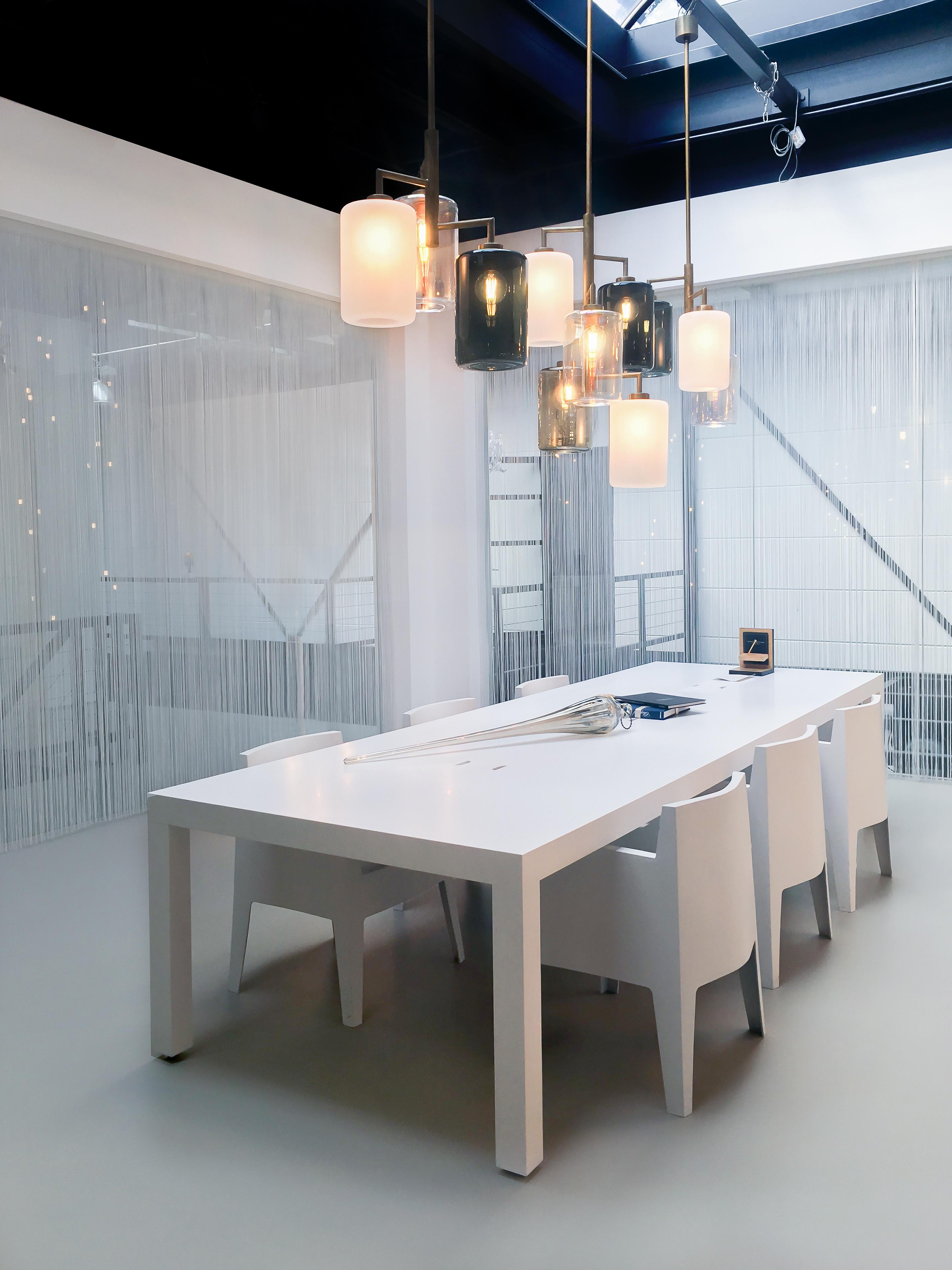 Hand-Crafted Modern Pendant with Colored Glass in a Brass Burnished Finish, Louise For Sale