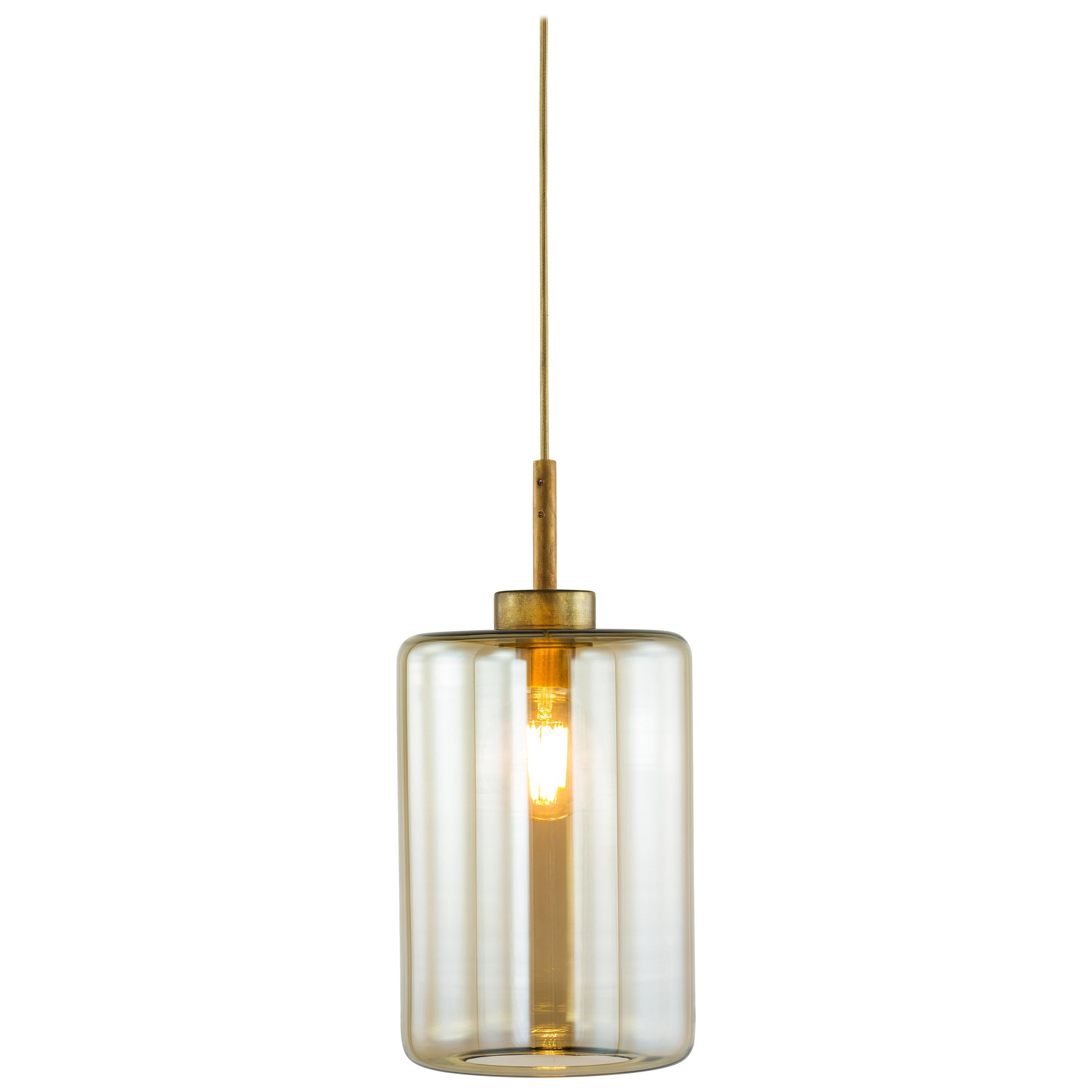 Modern Pendant with Colored Glass in a Brass Burnished Finish, Louise