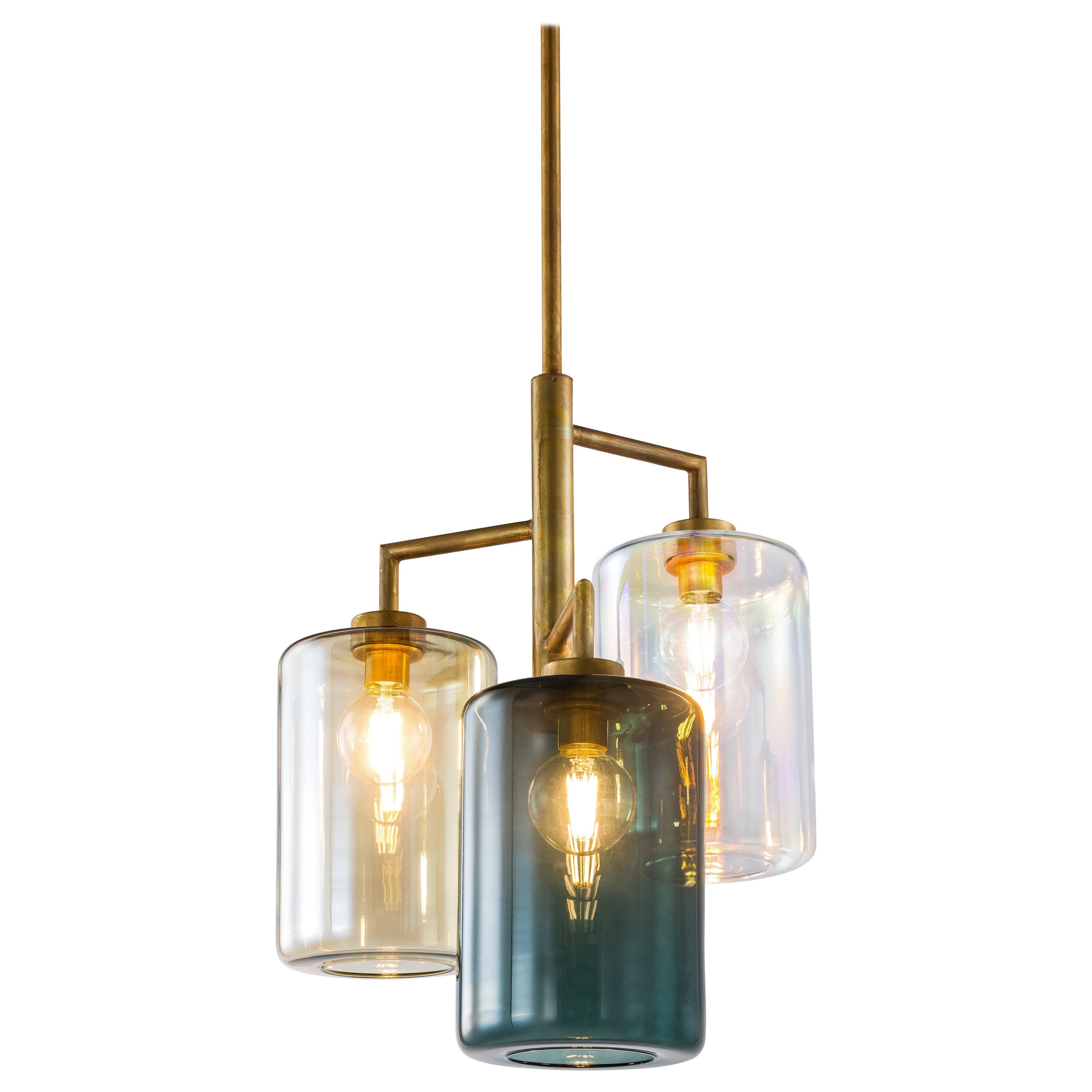 Modern Pendant with Colored Glass in a Brass Burnished Finish, Louise