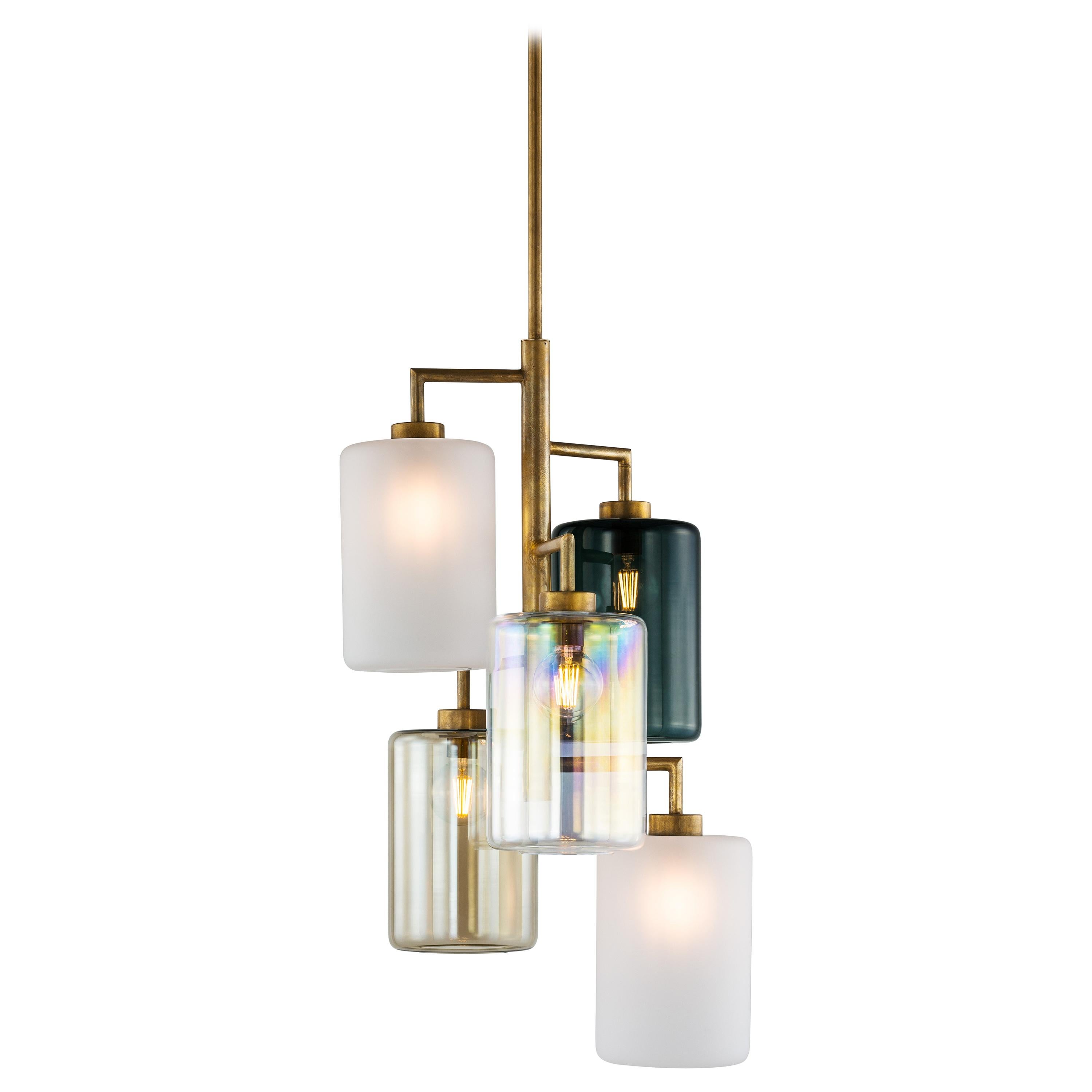 Modern Pendant with Colored Glass in a Brass Burnished Finish, Louise  For Sale