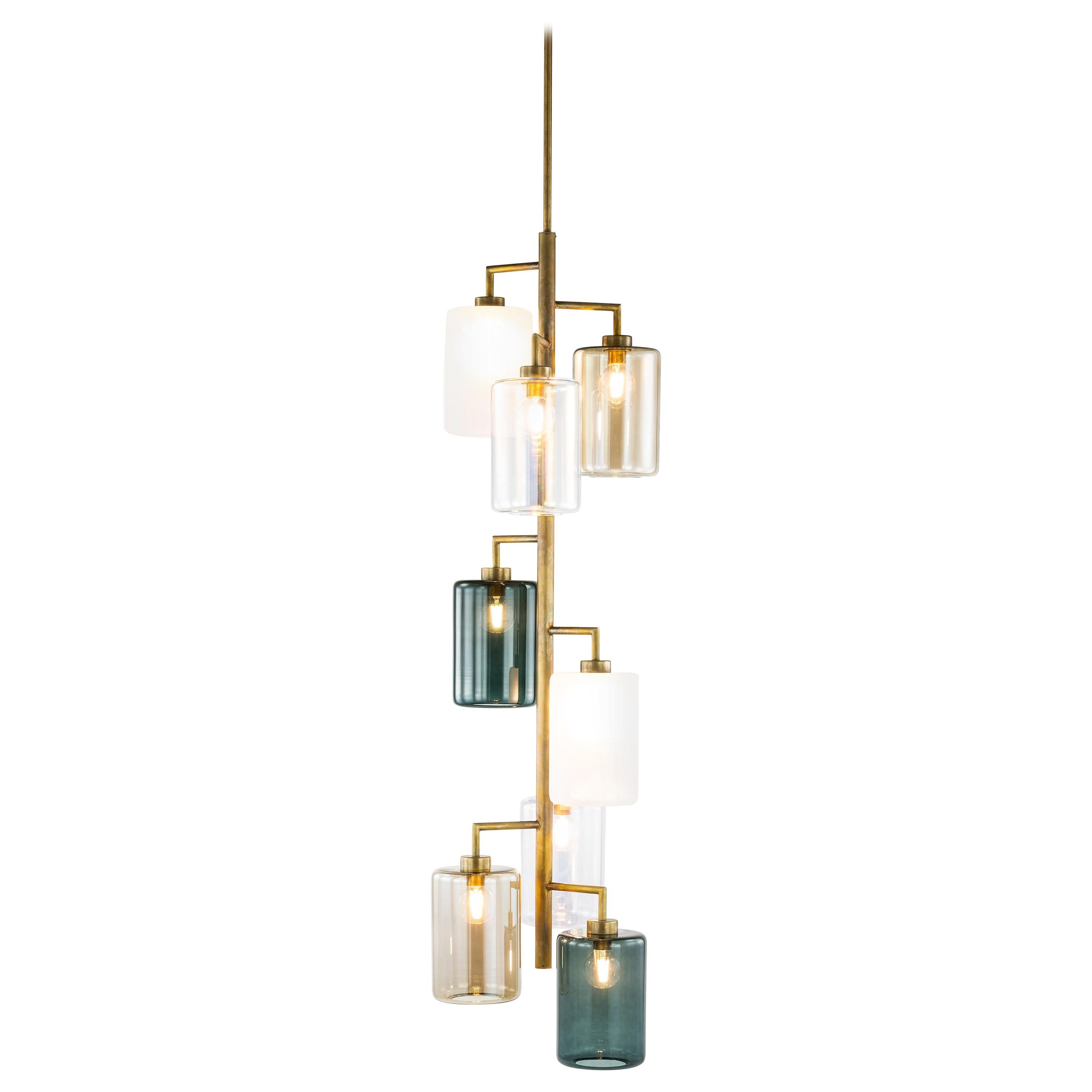 Modern Pendant with Colored Glass in a Brass Burnished Finish, Louise