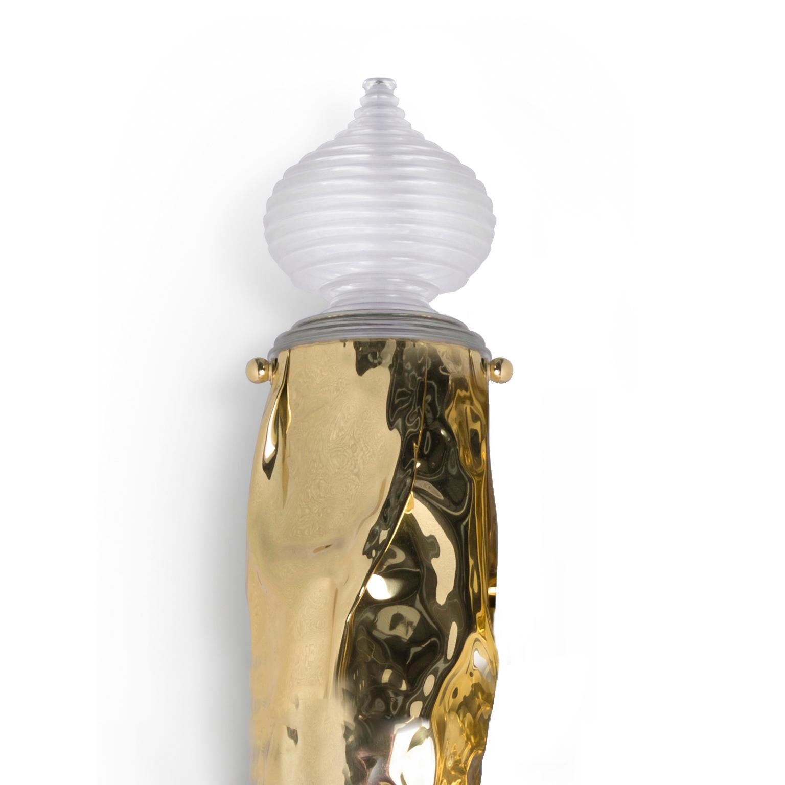 Portuguese Modern Pergamo Gold Wall Sconce, Hammered Polished Brass and Turned Acrylic For Sale