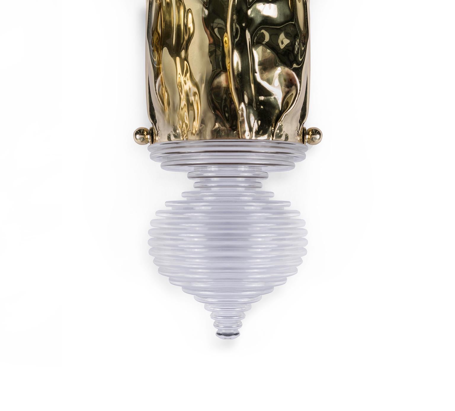 Contemporary Modern Pergamo Gold Wall Sconce, Hammered Polished Brass and Turned Acrylic For Sale