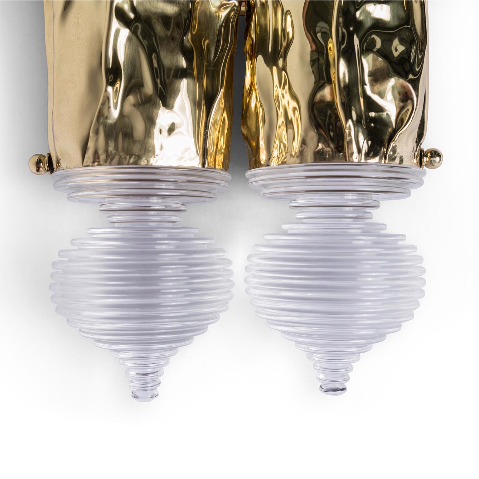 Portuguese Modern Pergamo Gold Wall Sconce, Hammered Polished Brass and Turned Acrylic For Sale