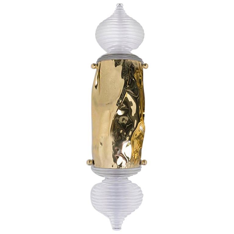 Modern Pergamo Gold Wall Sconce, Hammered Polished Brass and Turned Acrylic For Sale