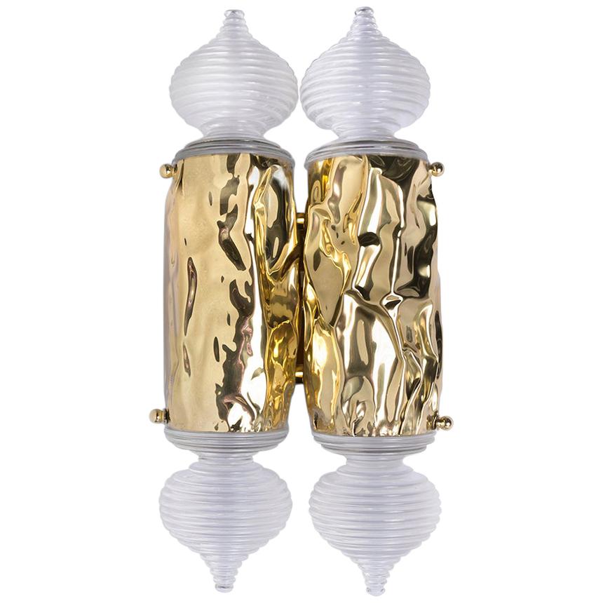 Modern Pergamo Gold Wall Sconce, Hammered Polished Brass and Turned Acrylic For Sale