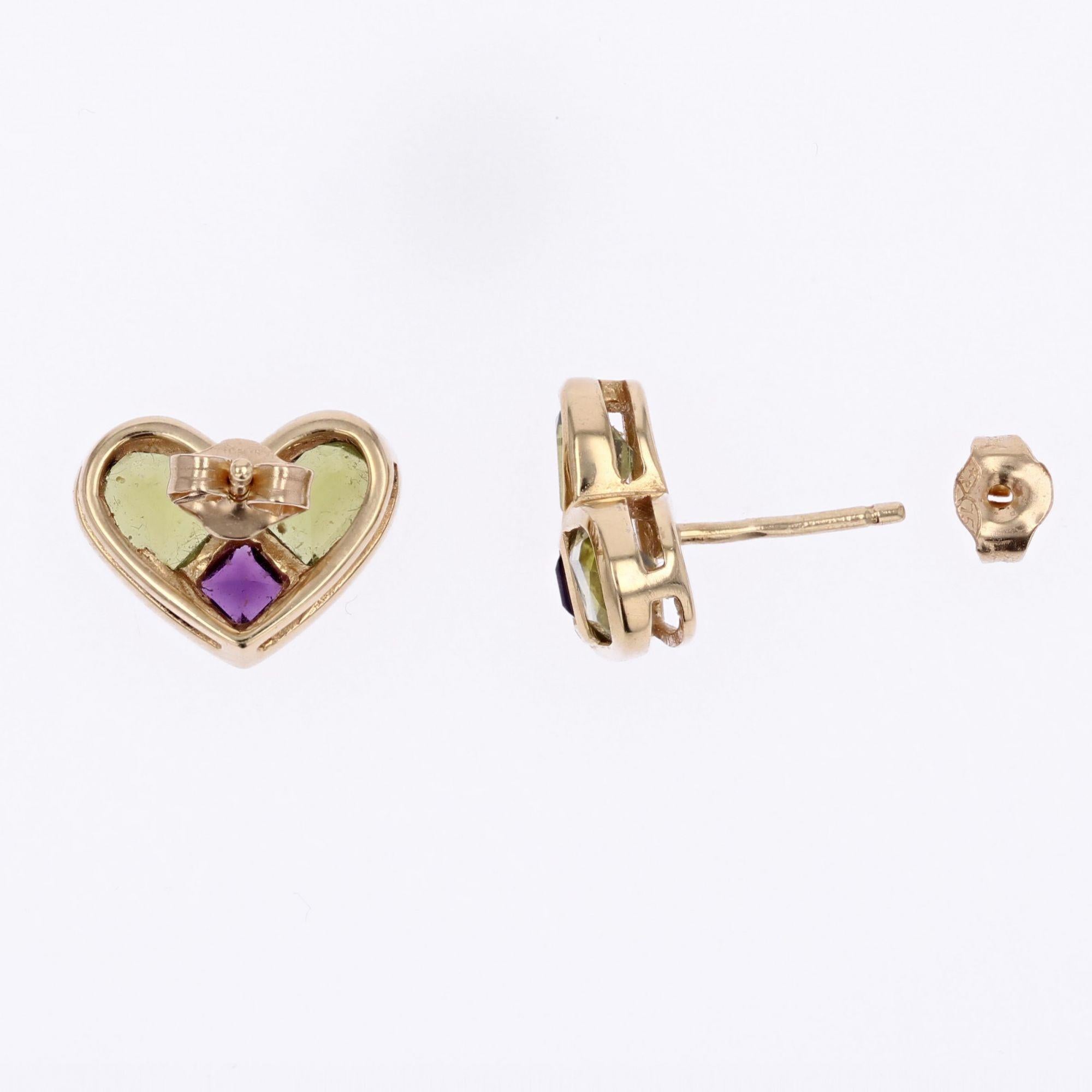 Modern Peridot Amethyst 18 Karat Yellow Gold Heart Stud Earrings For Sale 5