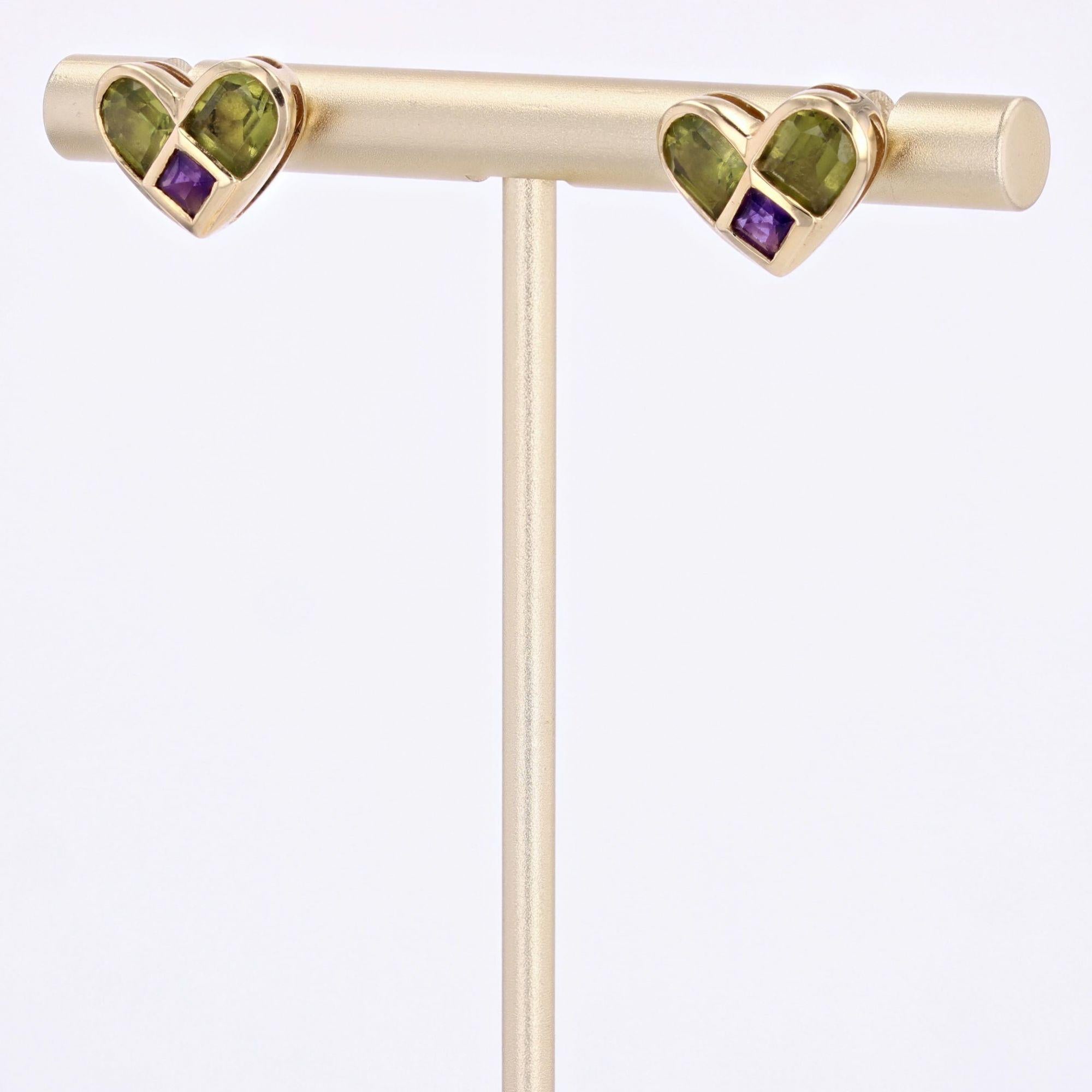 Women's Modern Peridot Amethyst 18 Karat Yellow Gold Heart Stud Earrings For Sale