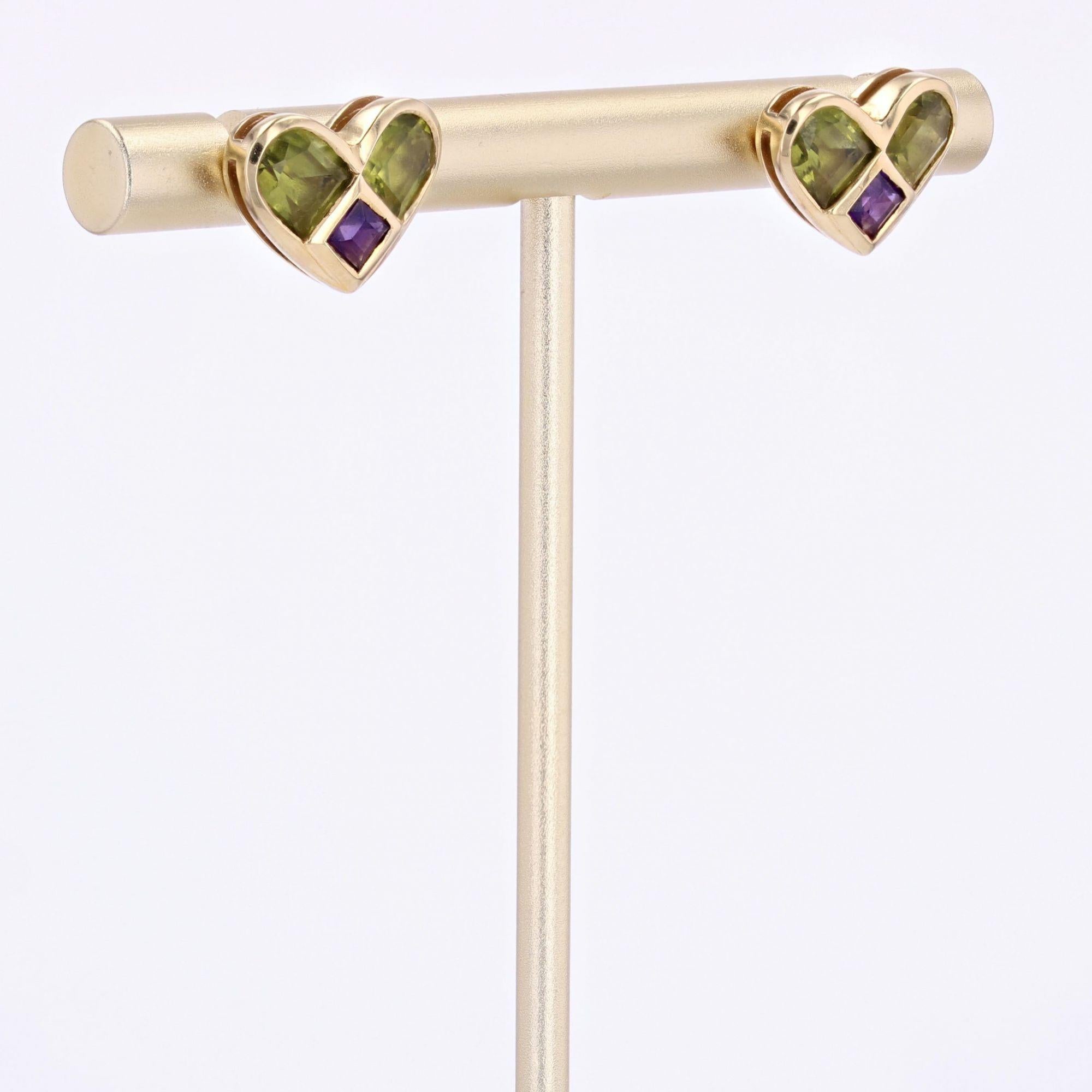 Modern Peridot Amethyst 18 Karat Yellow Gold Heart Stud Earrings For Sale 1