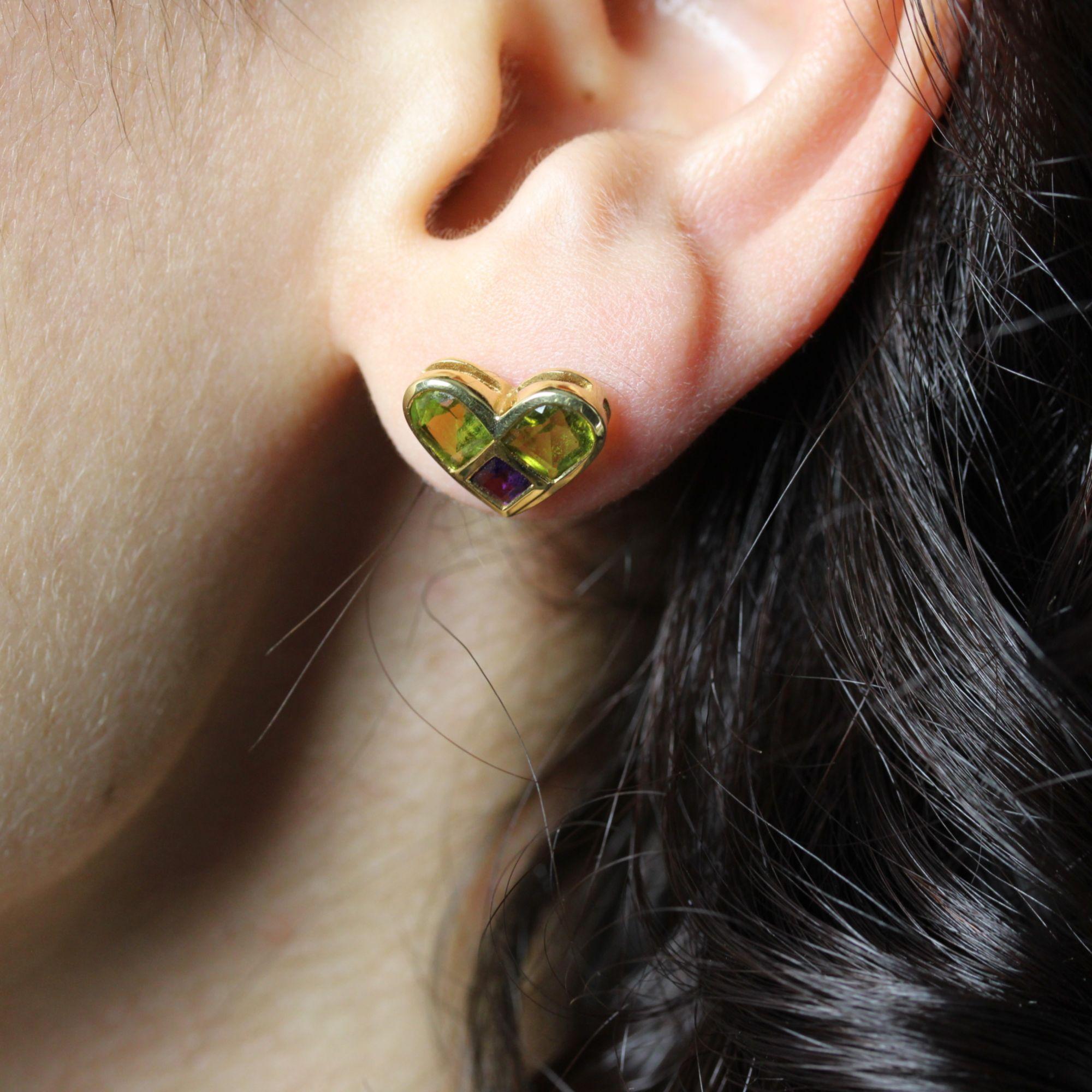 Modern Peridot Amethyst 18 Karat Yellow Gold Heart Stud Earrings For Sale 2