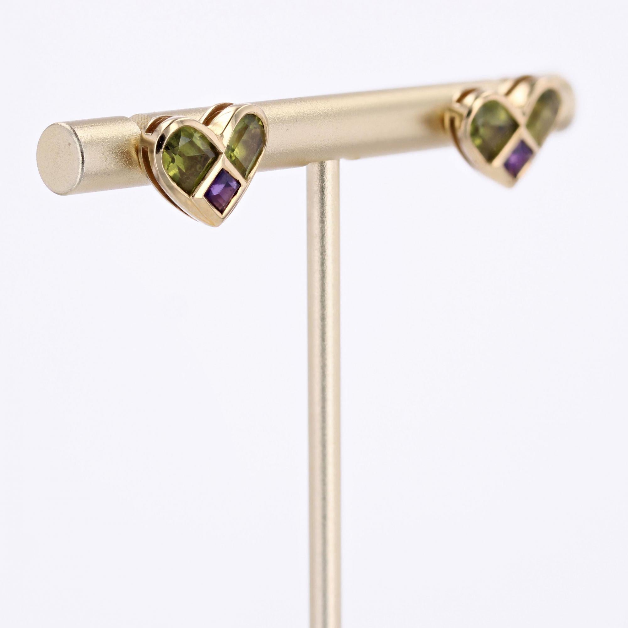 Modern Peridot Amethyst 18 Karat Yellow Gold Heart Stud Earrings For Sale 4