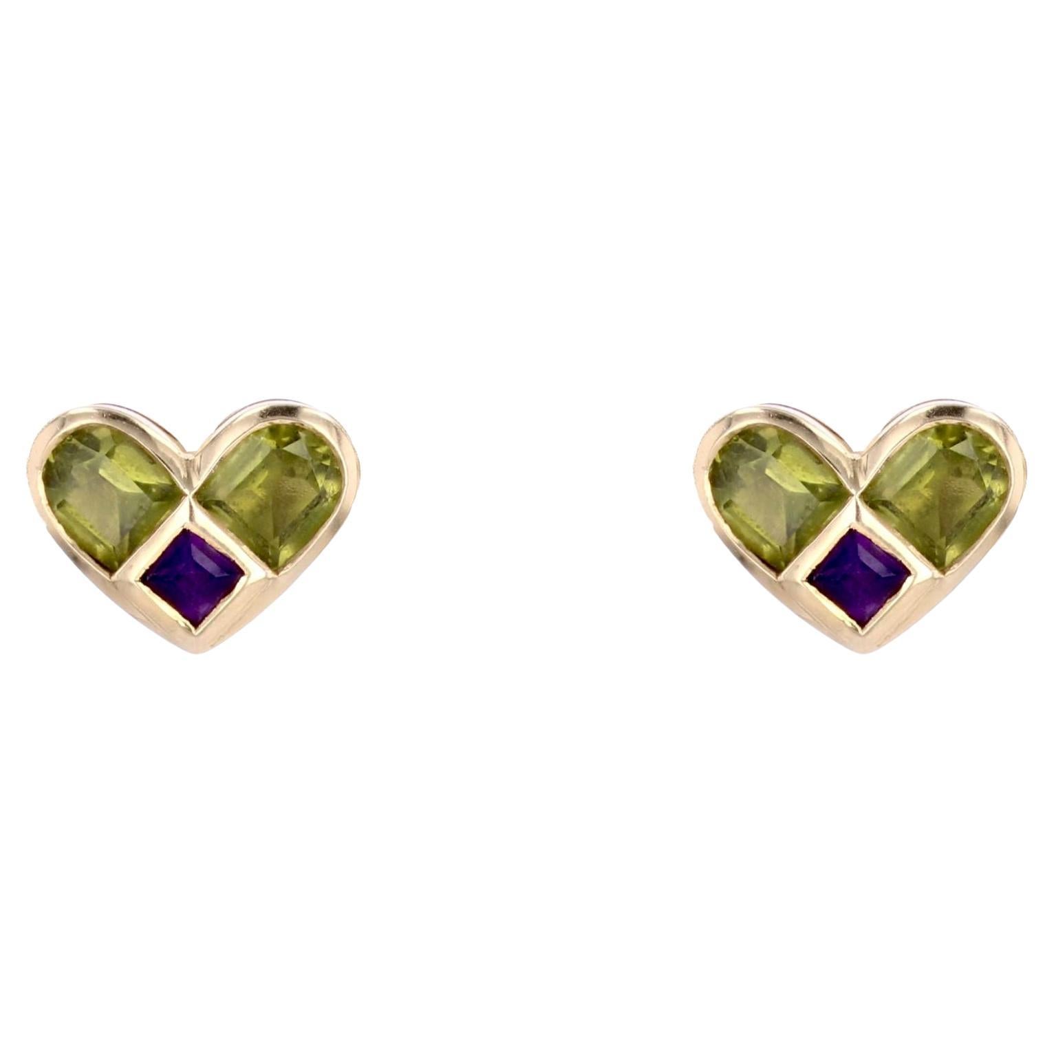 Modern Peridot Amethyst 18 Karat Yellow Gold Heart Stud Earrings