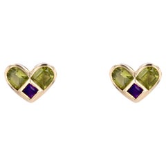 Modern Peridot Amethyst 18 Karat Yellow Gold Heart Stud Earrings