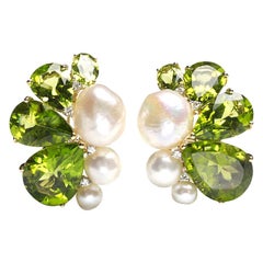 Modern Peridot, Pearl, Diamond and 18 Karat Gold Earrings