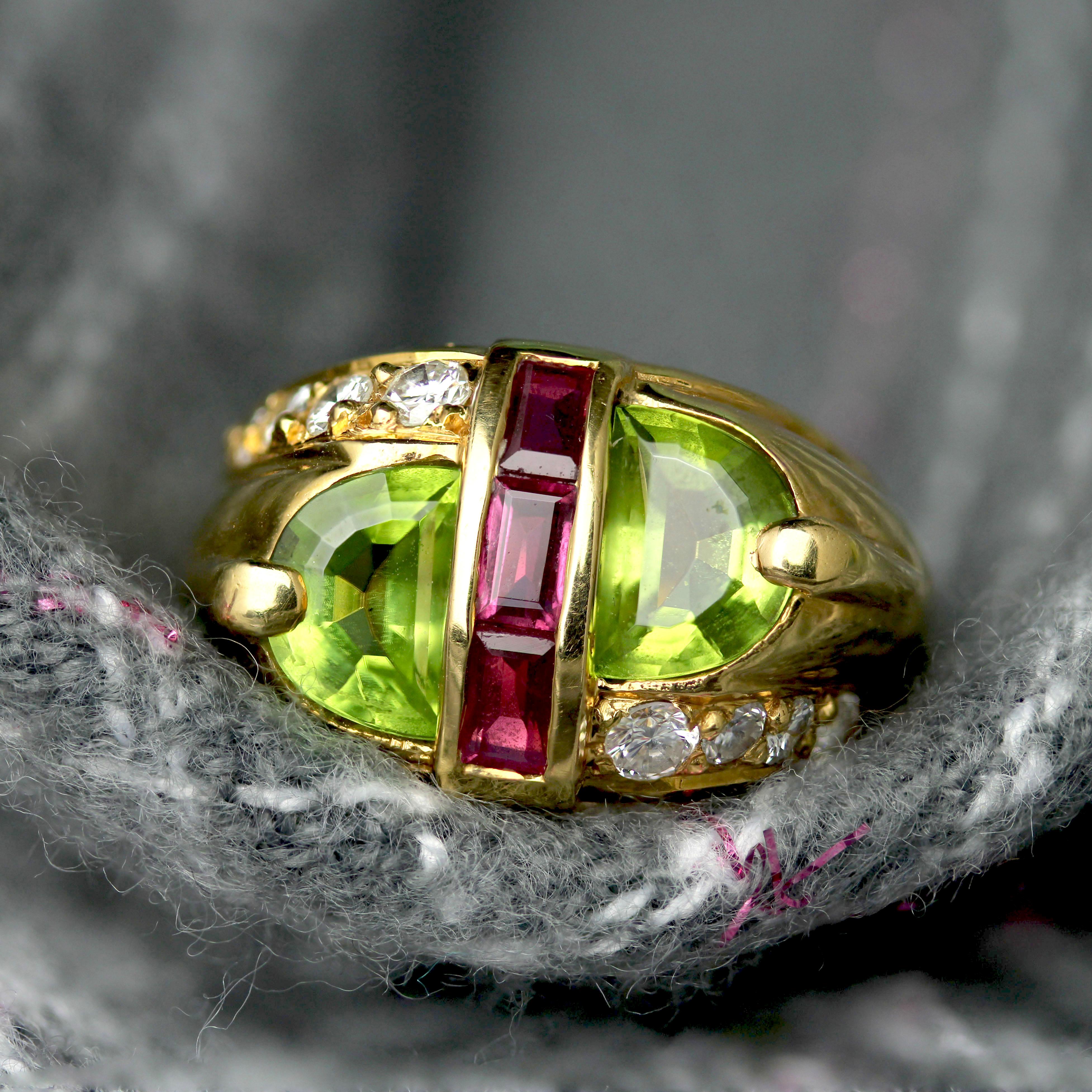 Half Moon Cut Modern Peridot Rubies Diamonds 18 Karat Yellow Gold Signet Ring For Sale