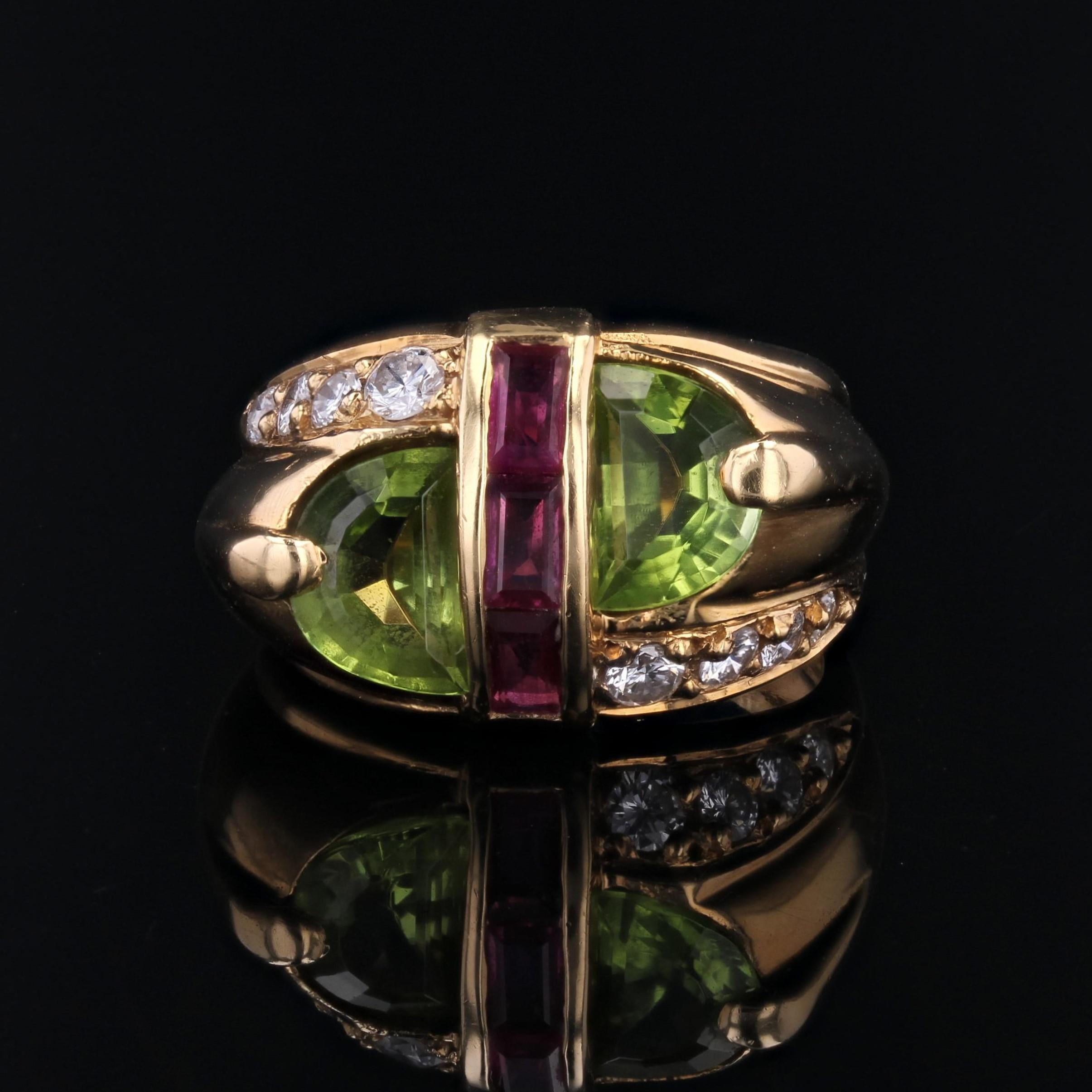 Women's Modern Peridot Rubies Diamonds 18 Karat Yellow Gold Signet Ring For Sale