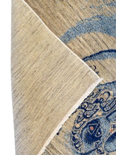 Modern Persian Calligraphy Rug, Abstract Blue on Beige Wool, Hand-Knotted 4x6