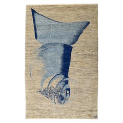 Modern Persian Calligraphy Rug, Abstract Blue on Beige Wool, Hand-Knotted 4x6