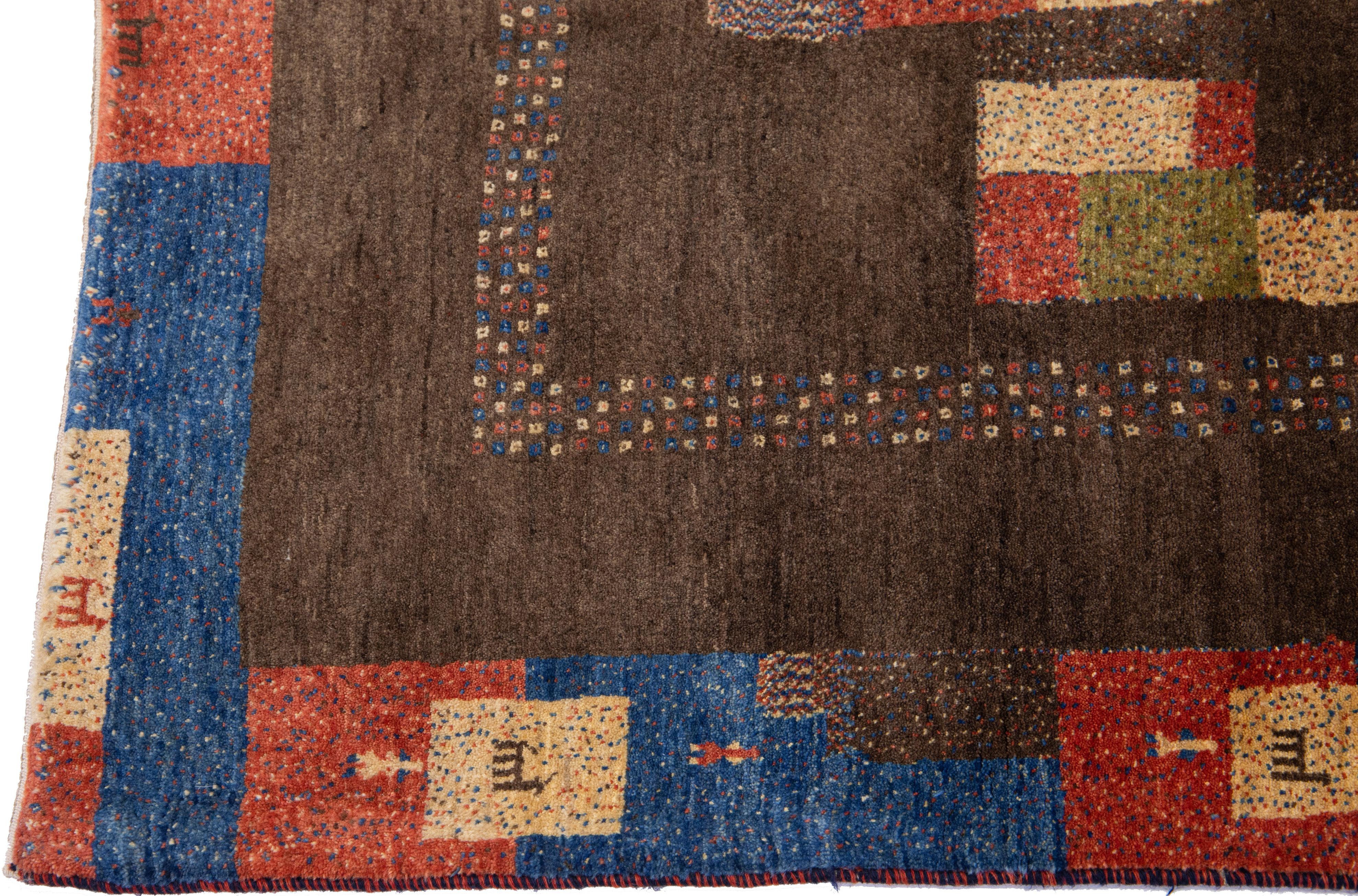 Indian Modern Persian Gabbeh Brown Handmade Wool Rug Geometric Motif For Sale