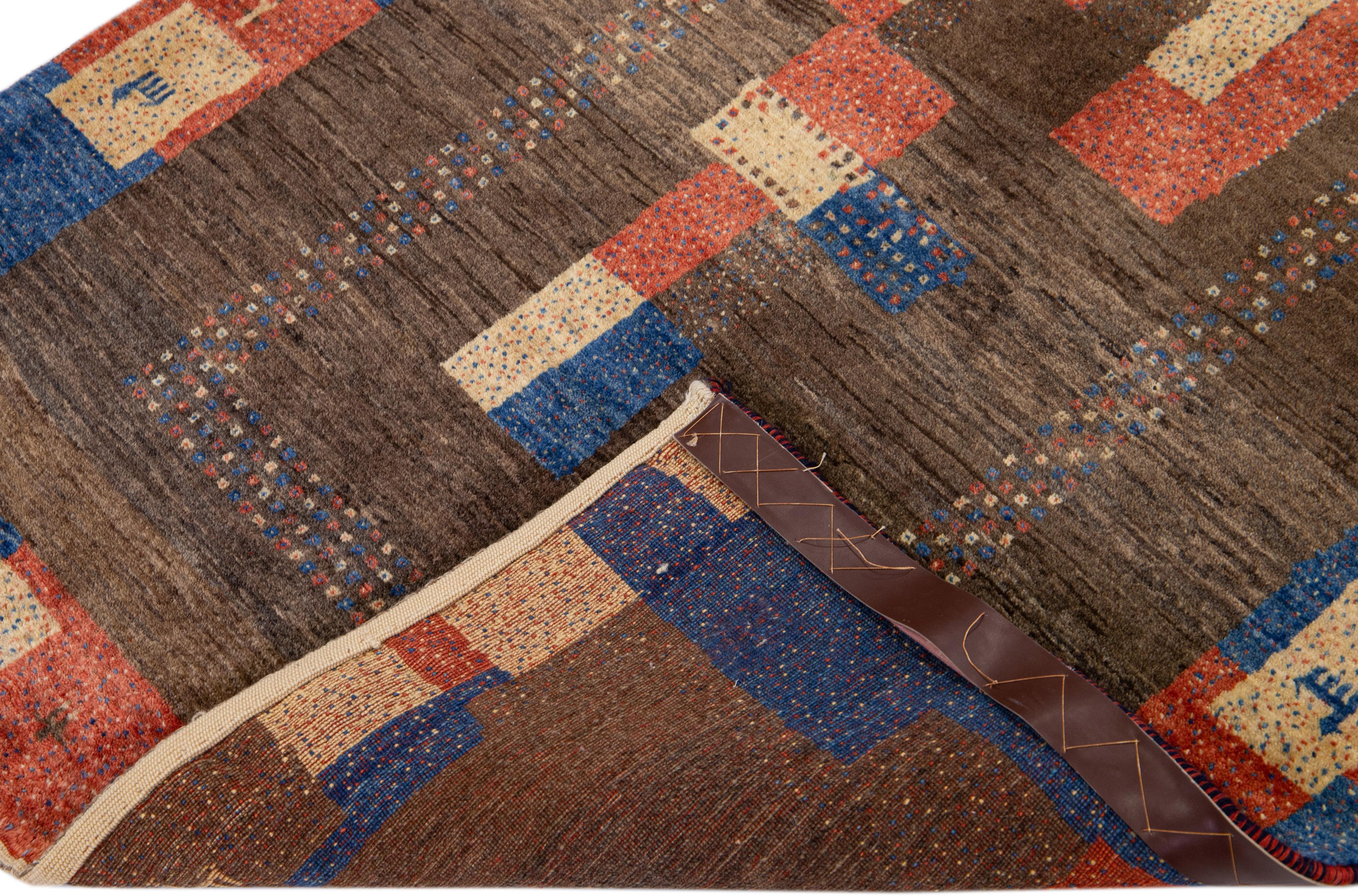 Modern Persian Gabbeh Brown Handmade Wool Rug Geometric Motif In New Condition For Sale In Norwalk, CT