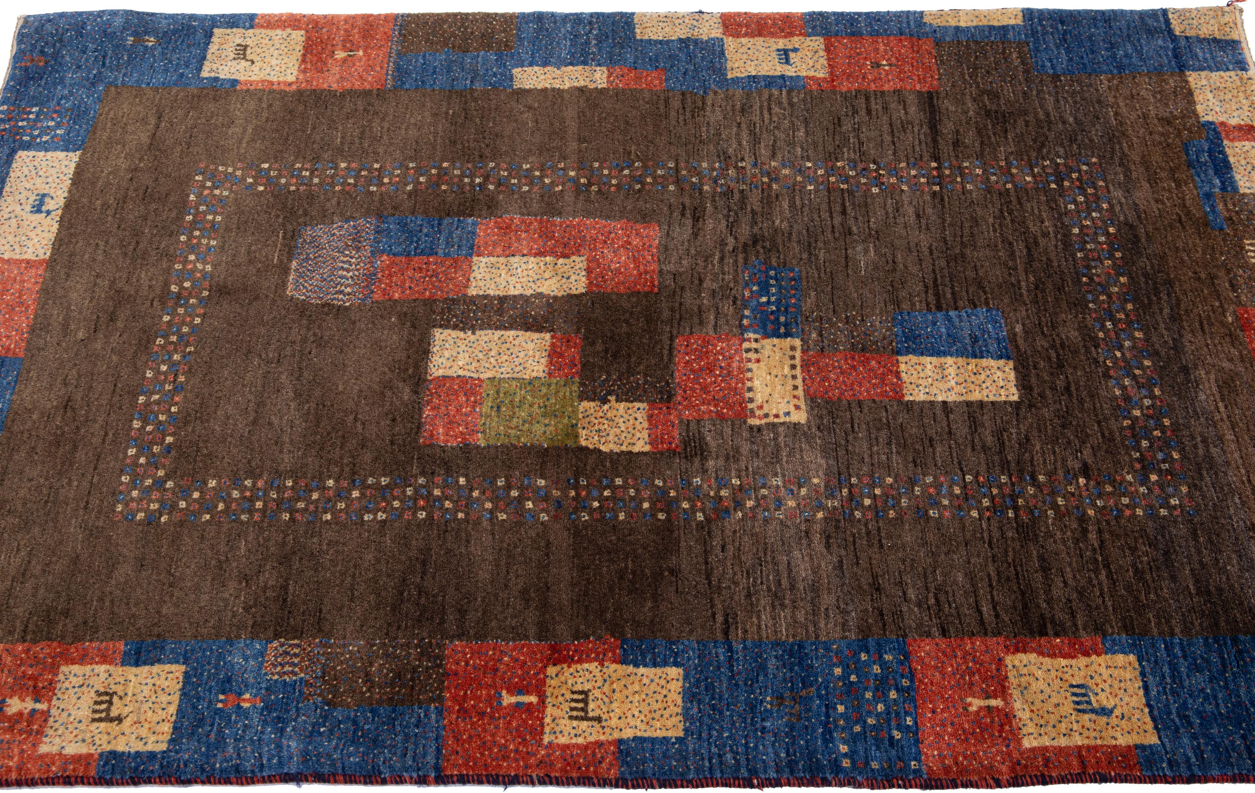 Contemporary Modern Persian Gabbeh Brown Handmade Wool Rug Geometric Motif For Sale