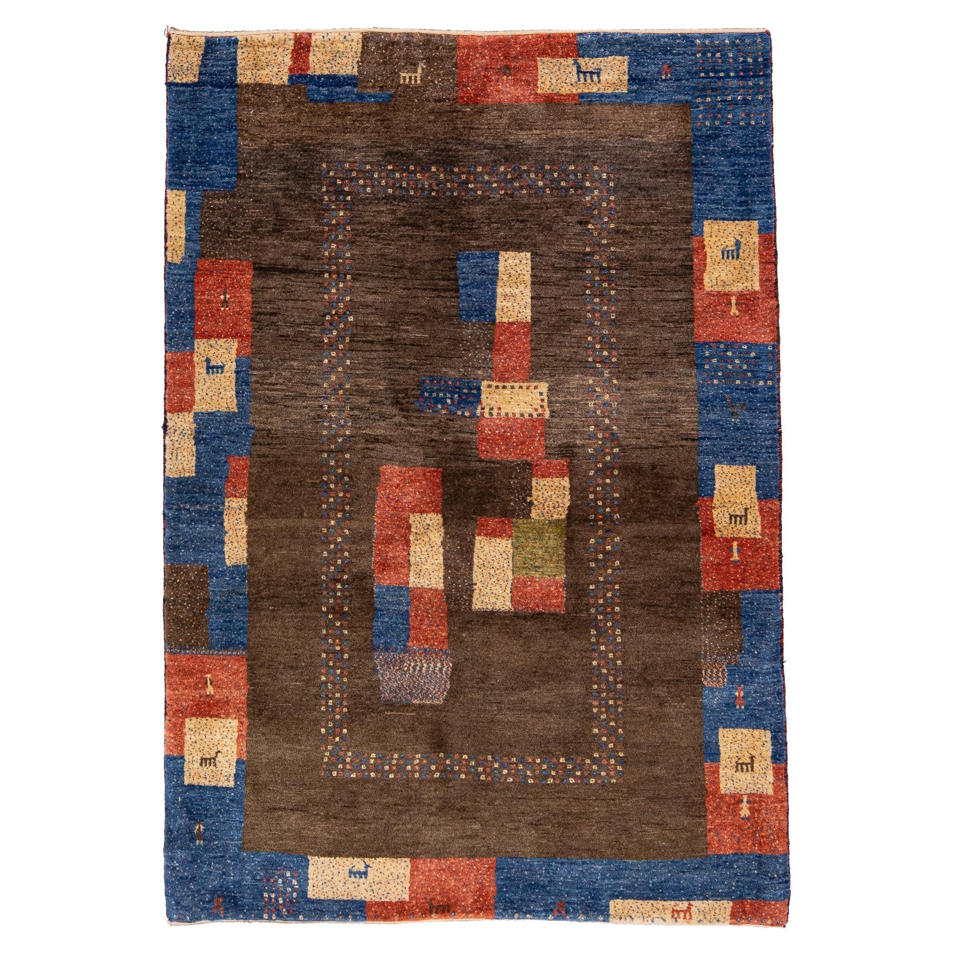 Moderner persischer Gabbeh-Teppich Brown Handmade Wool Rug Geometric Motif