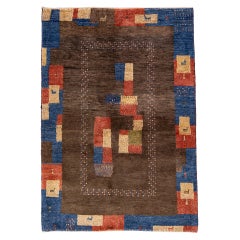Moderner persischer Gabbeh-Teppich Brown Handmade Wool Rug Geometric Motif