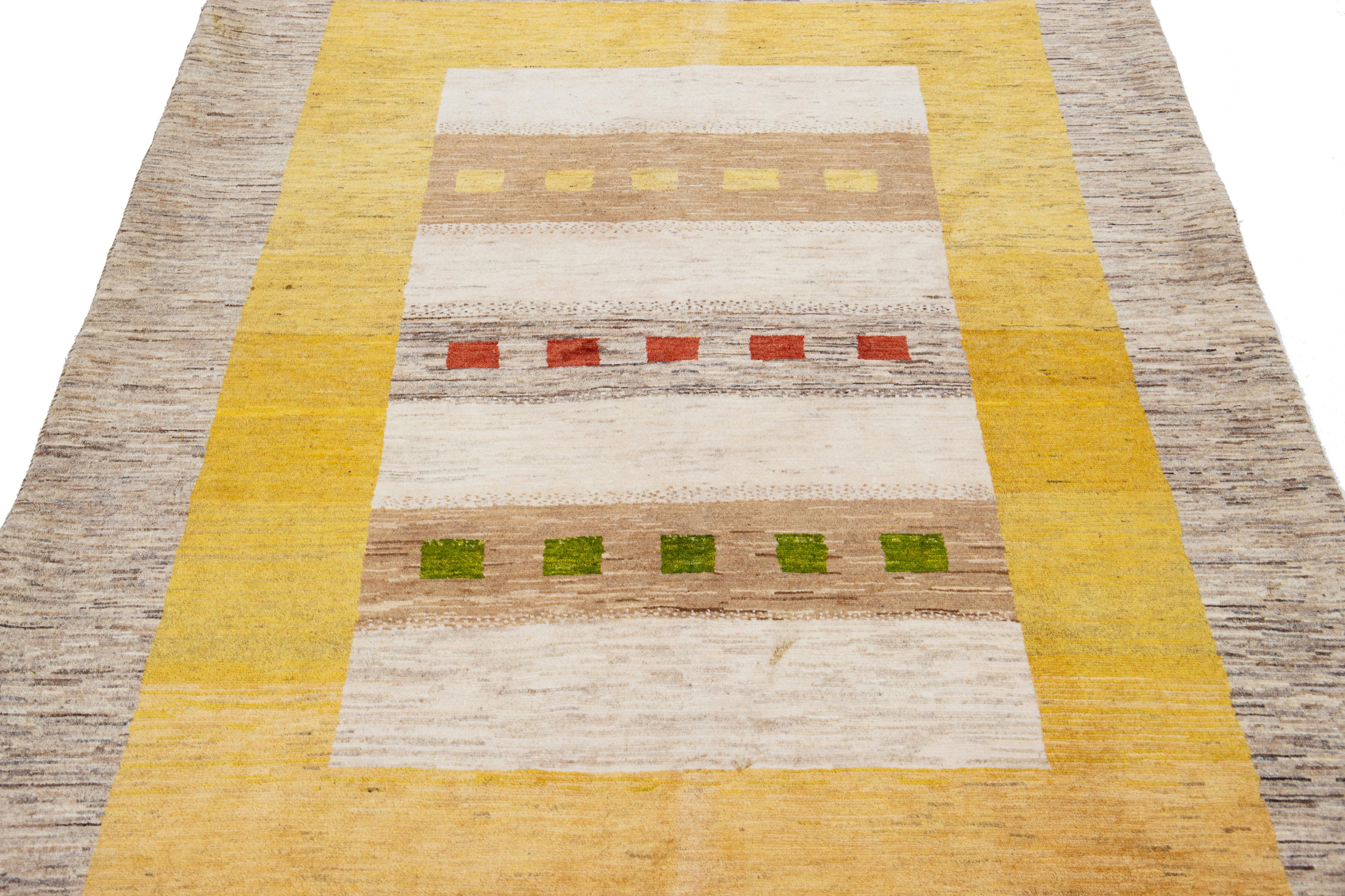 Minimalist Modern Persian Gabbeh Handmade Designed Brown And Yellow Wool Rug  For Sale