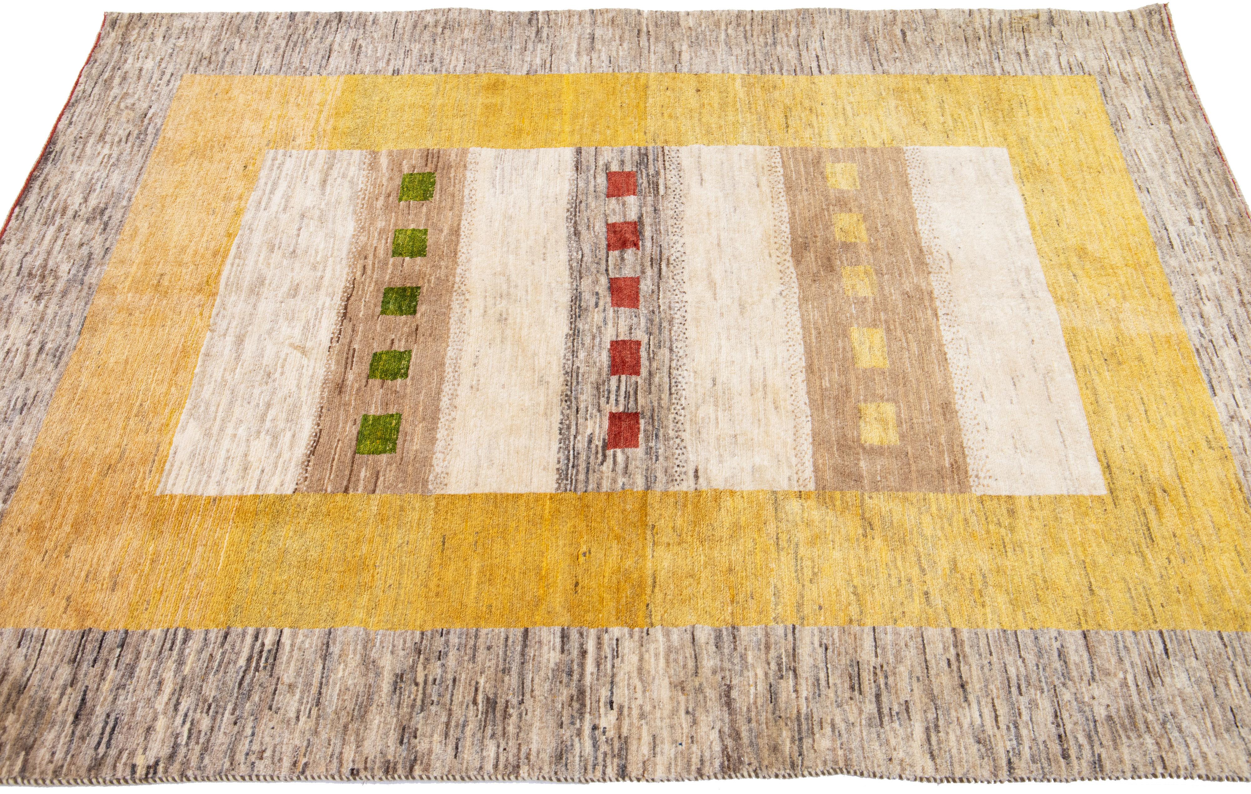 Contemporary Modern Persian Gabbeh Handmade Designed Brown And Yellow Wool Rug  For Sale