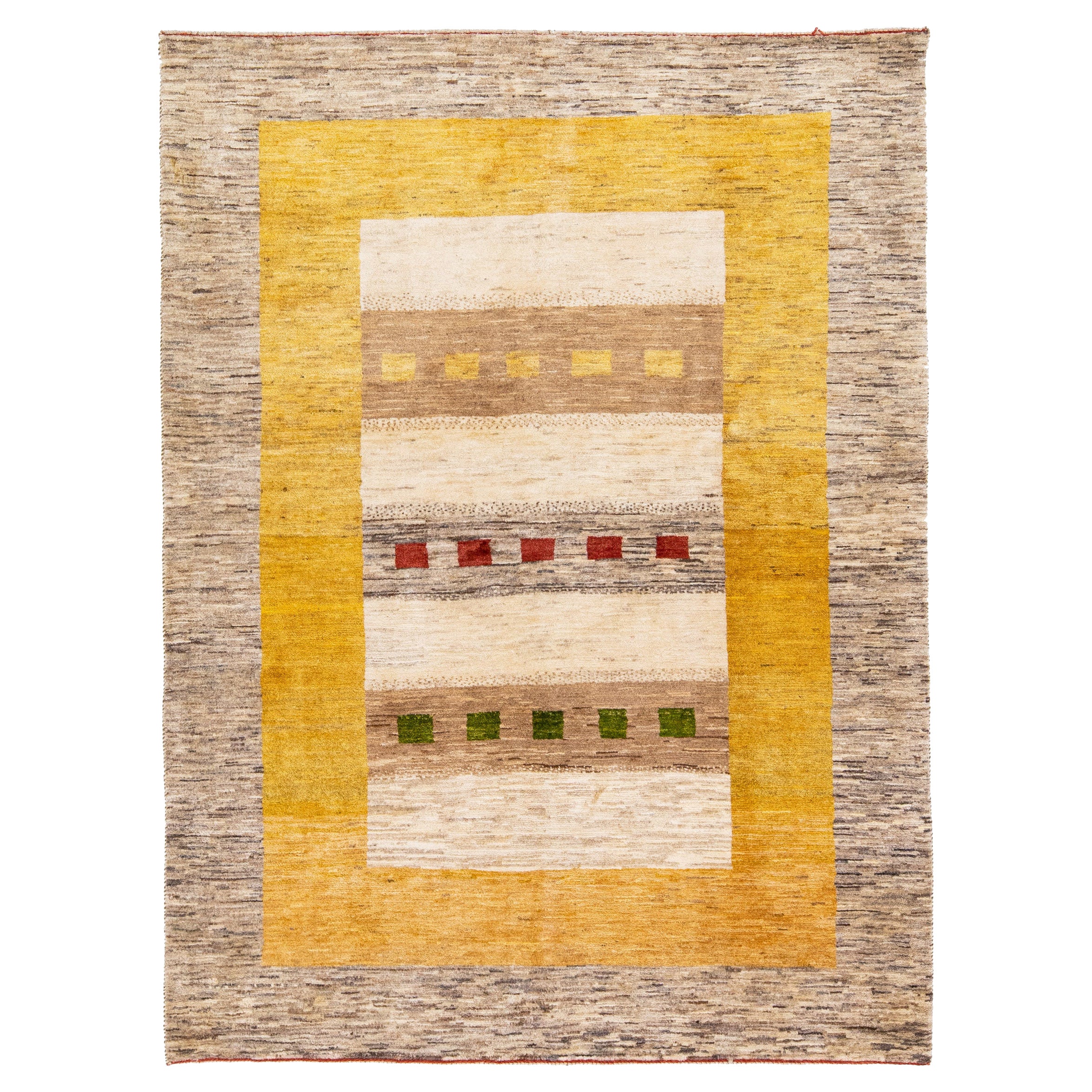 The Modernity Persian Gabbeh Handmade Design Brown and Yellow Wool Rug (tapis de laine moderne persan Gabbeh fait à la main)