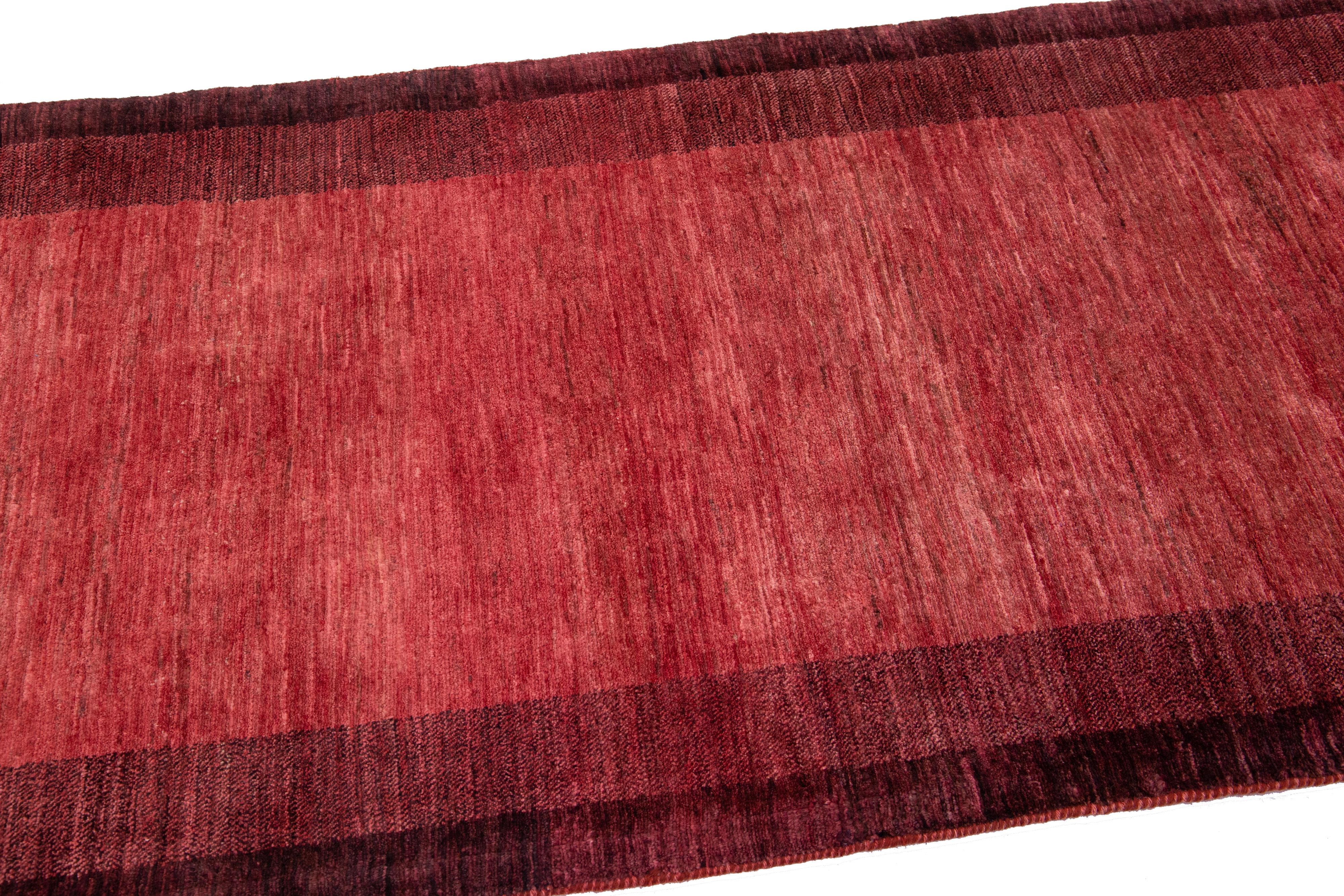 Hand-Woven Modern Persian Gabbeh Handmade Red Wool Runner For Sale