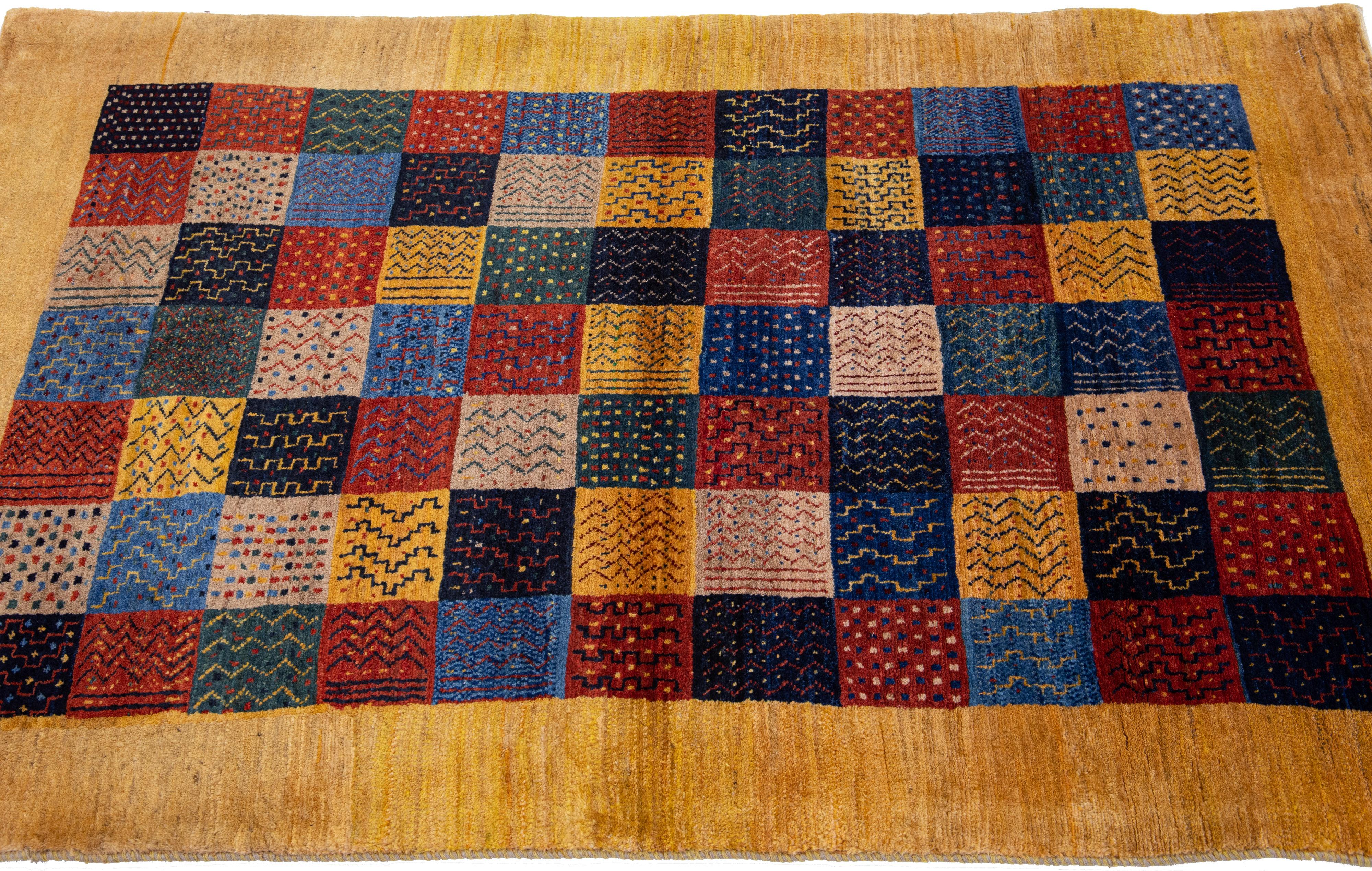 Hand-Woven Modern Persian Gabbeh Handmade Wool Rug With Multicolor Geometric Design  For Sale