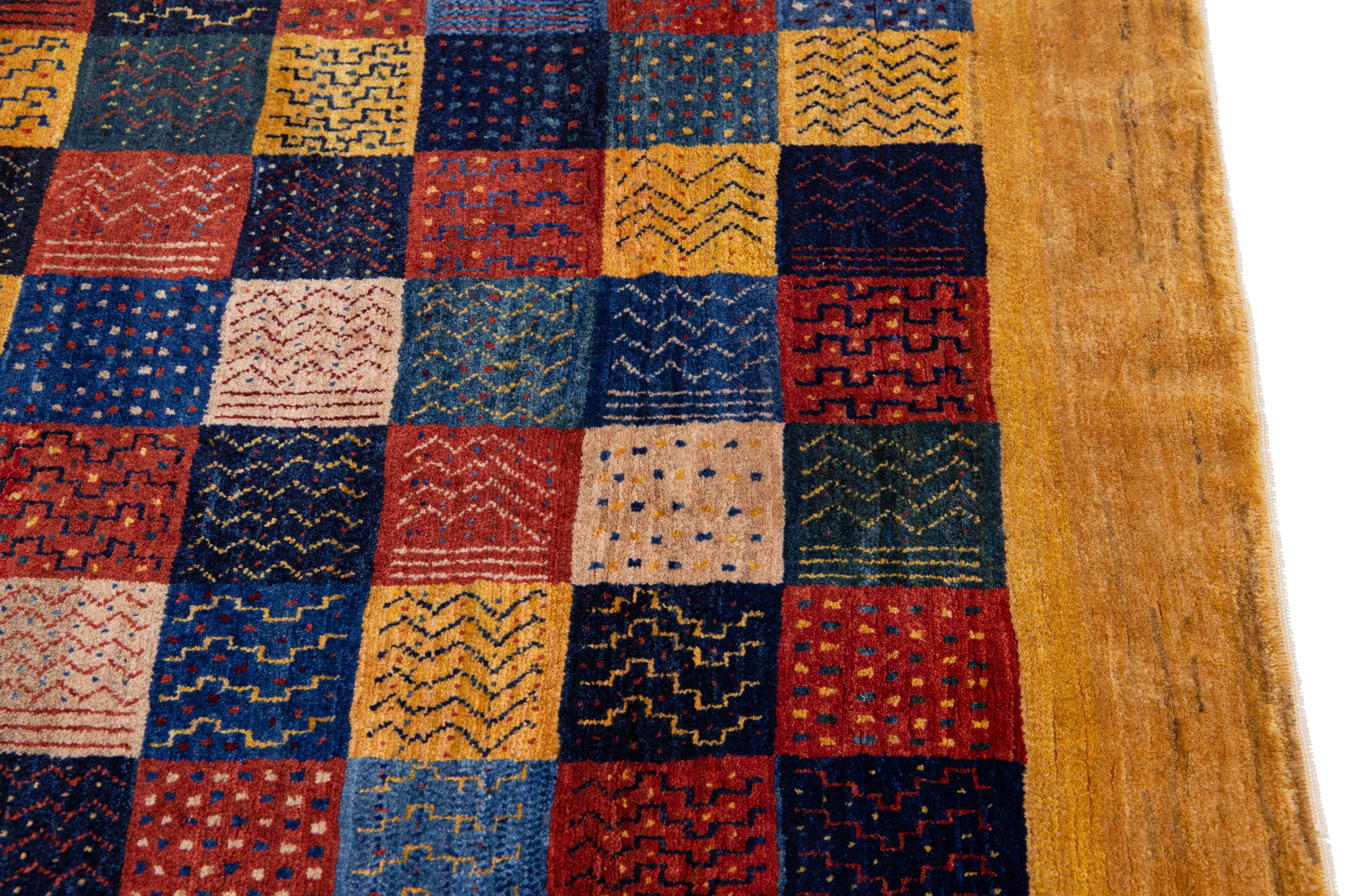 Modern Persian Gabbeh Handmade Wool Rug With Multicolor Geometric Design  In New Condition For Sale In Norwalk, CT