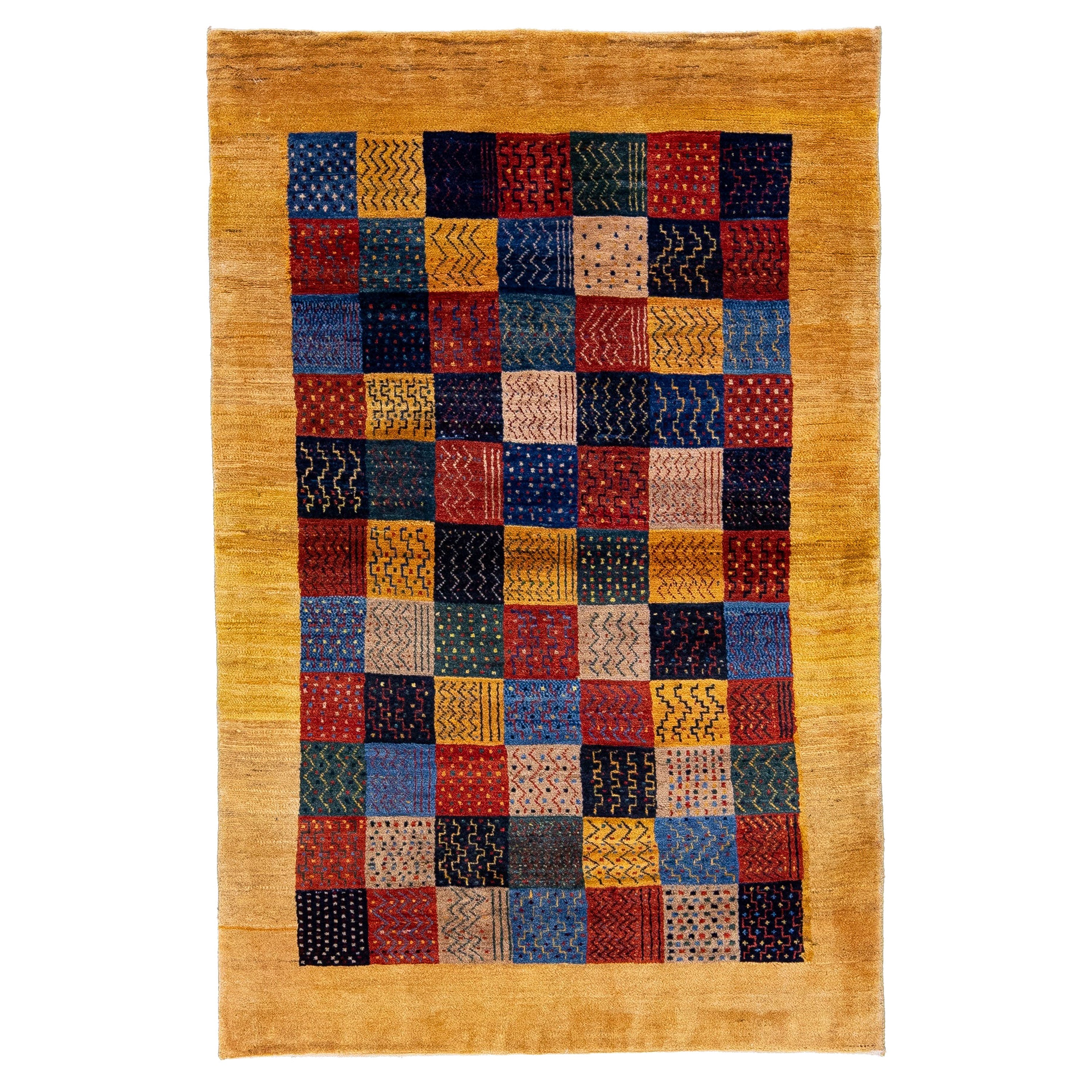 Tapis persan Gabbeh fait à la main avec un design géométrique multicolore