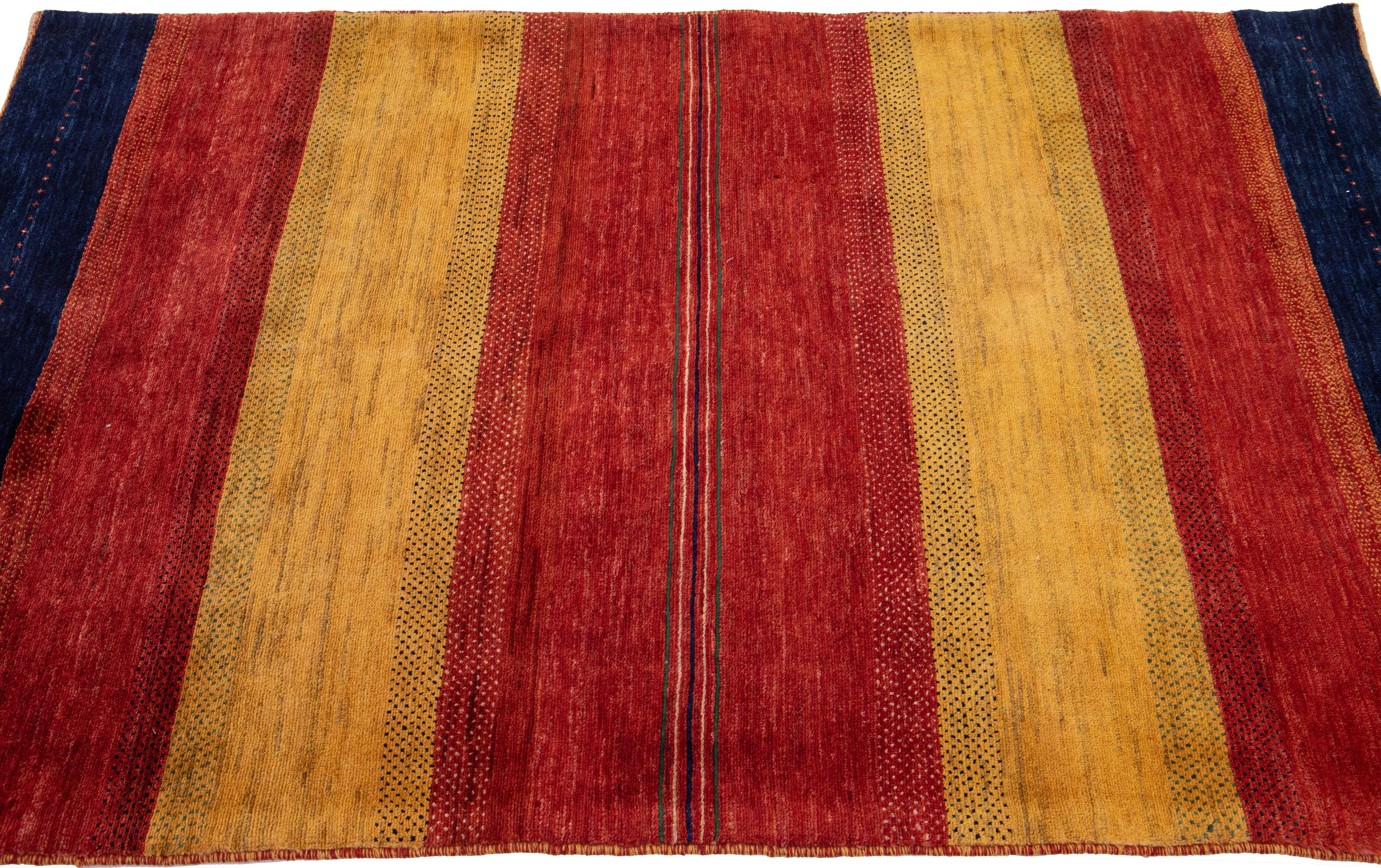 Hand-Woven Modern Persian Gabbeh Handmade Wool Rug with Stripe Pattern For Sale