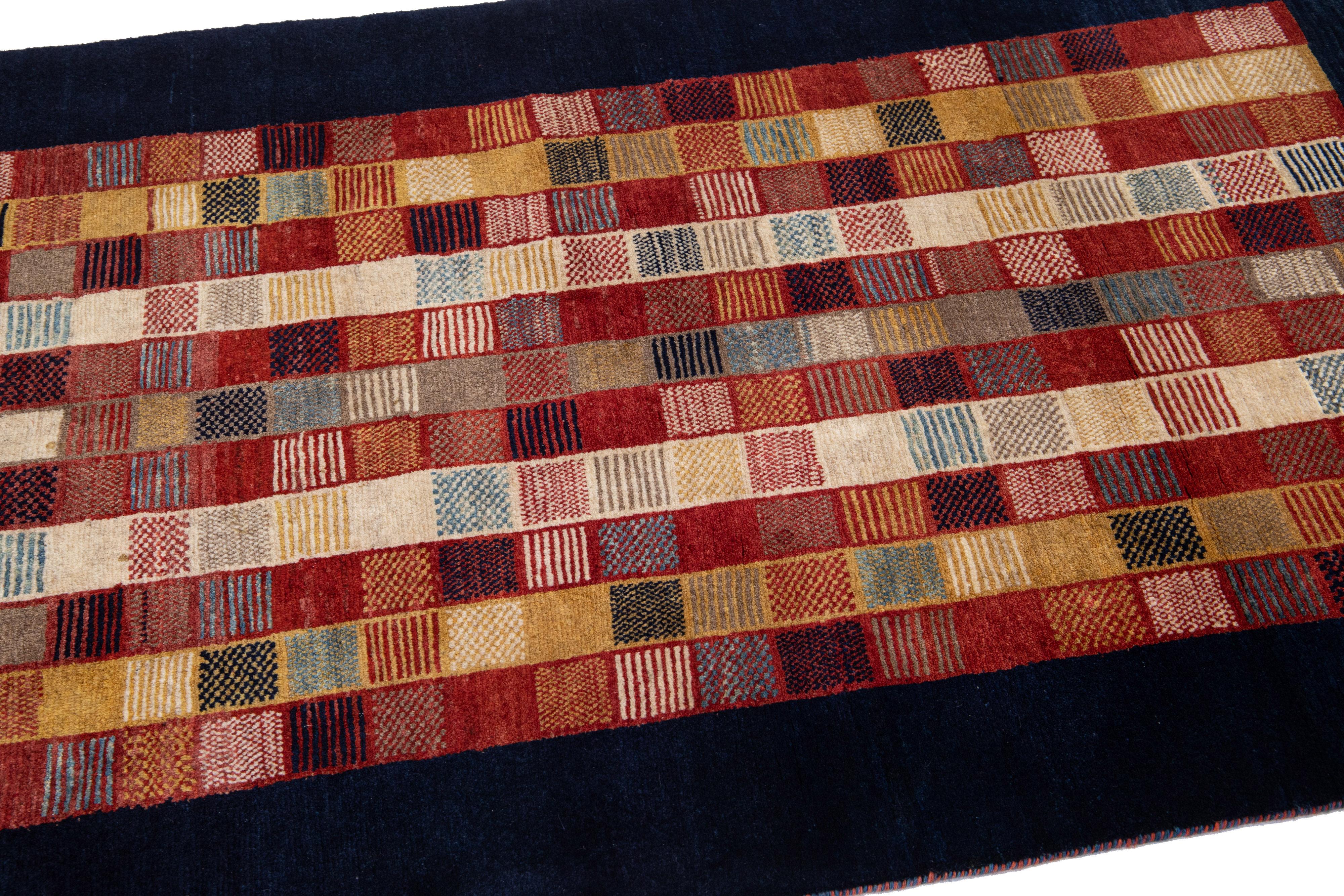 Indian Modern Persian Gabbeh Multicolor Handmade Geometric Wool Rug For Sale