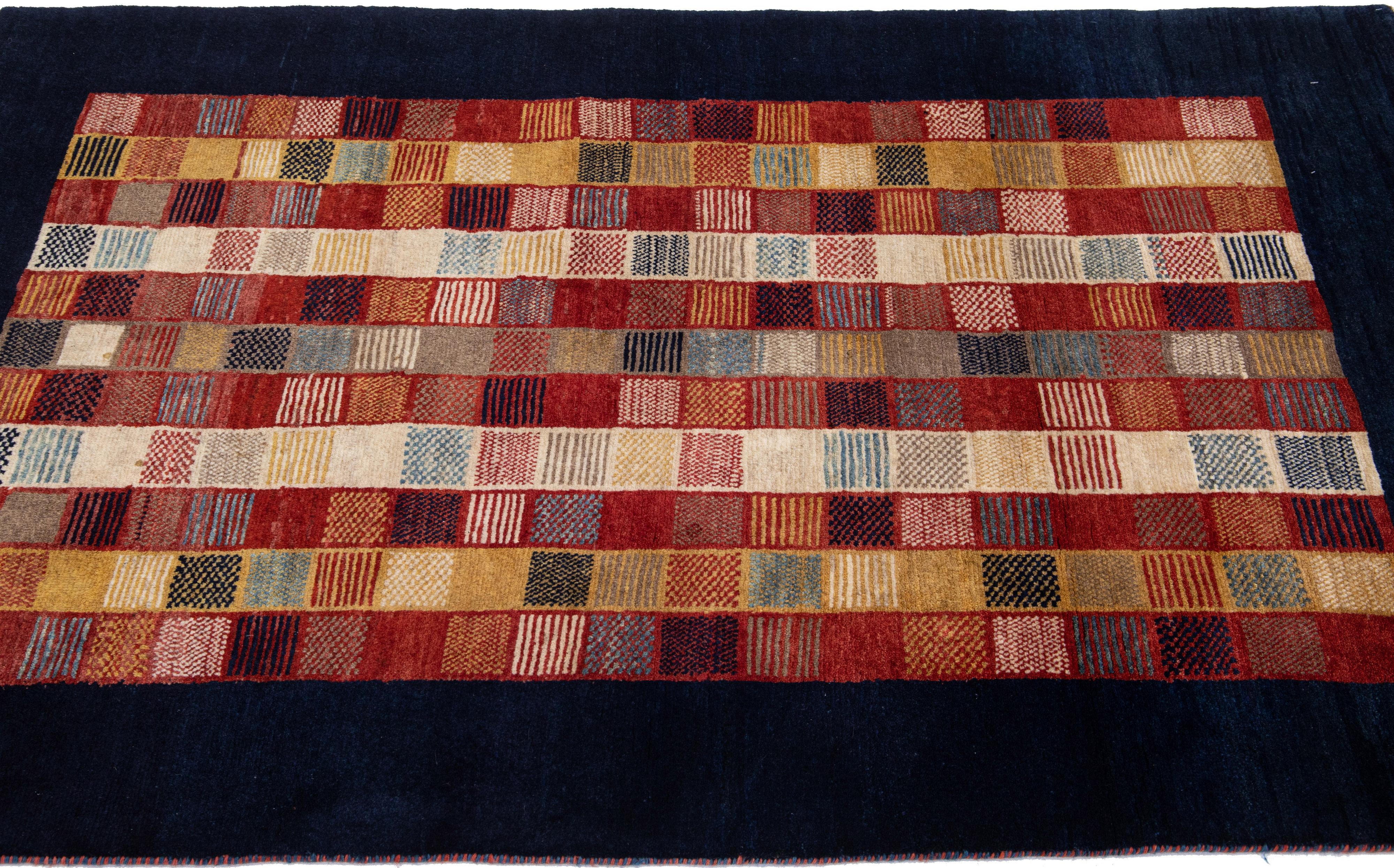 Modern Persian Gabbeh Multicolor Handmade Geometric Wool Rug In New Condition For Sale In Norwalk, CT
