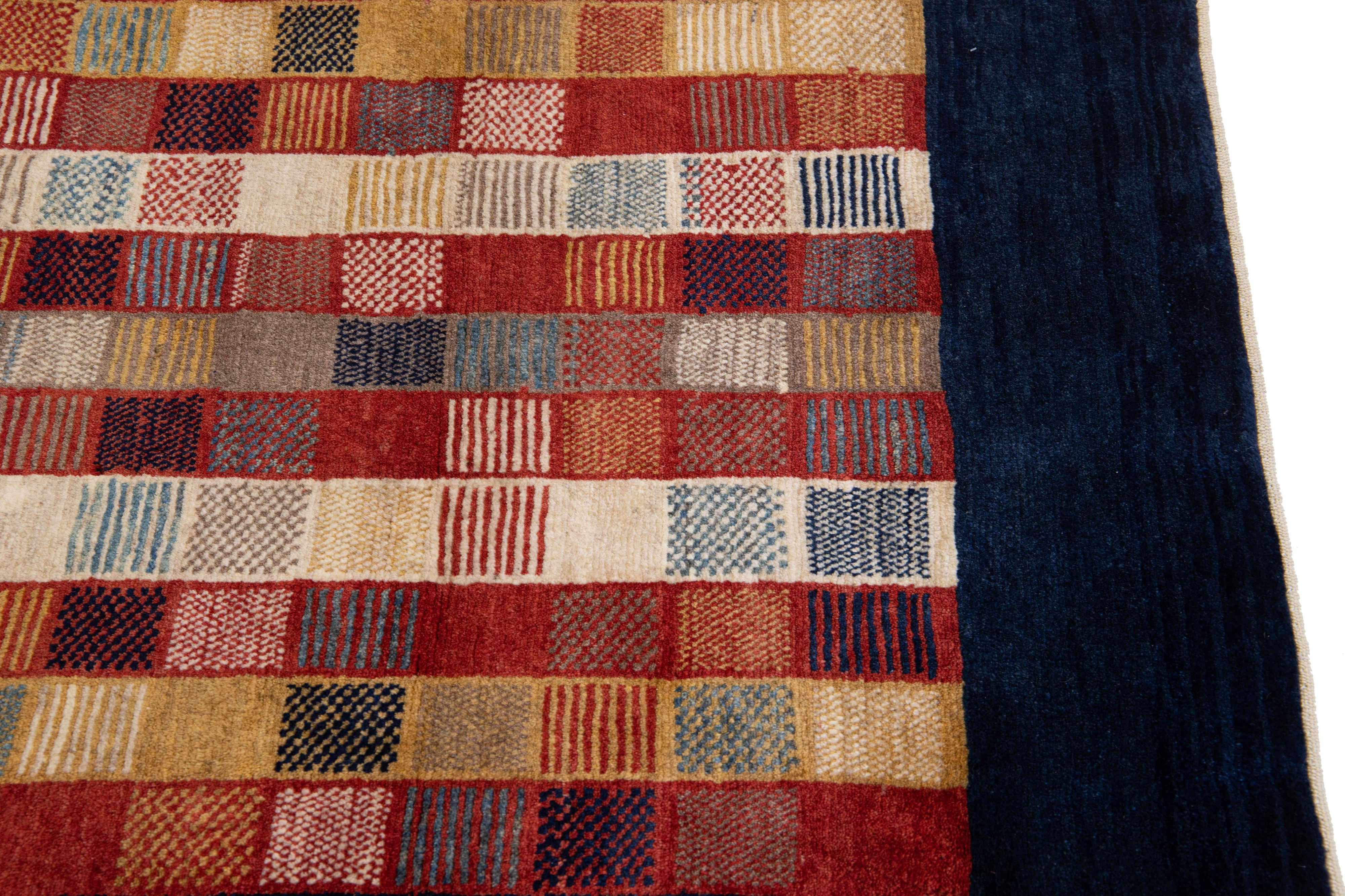 Contemporary Modern Persian Gabbeh Multicolor Handmade Geometric Wool Rug For Sale