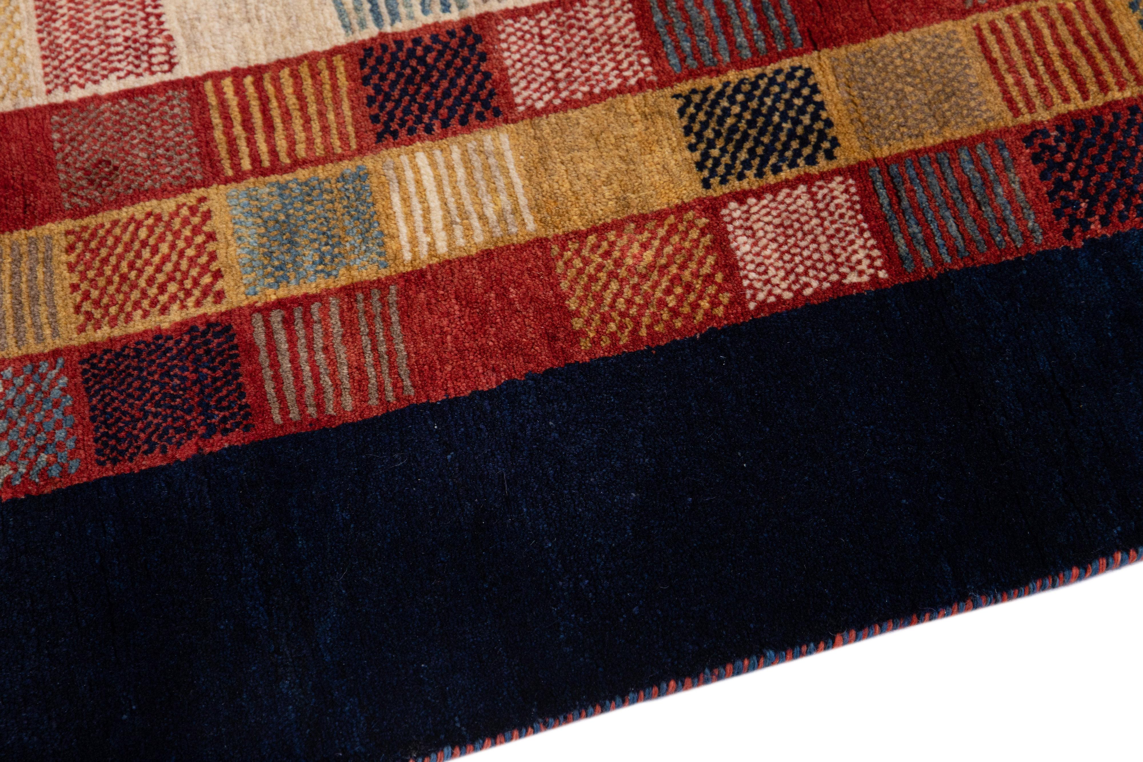 Modern Persian Gabbeh Multicolor Handmade Geometric Wool Rug For Sale 1