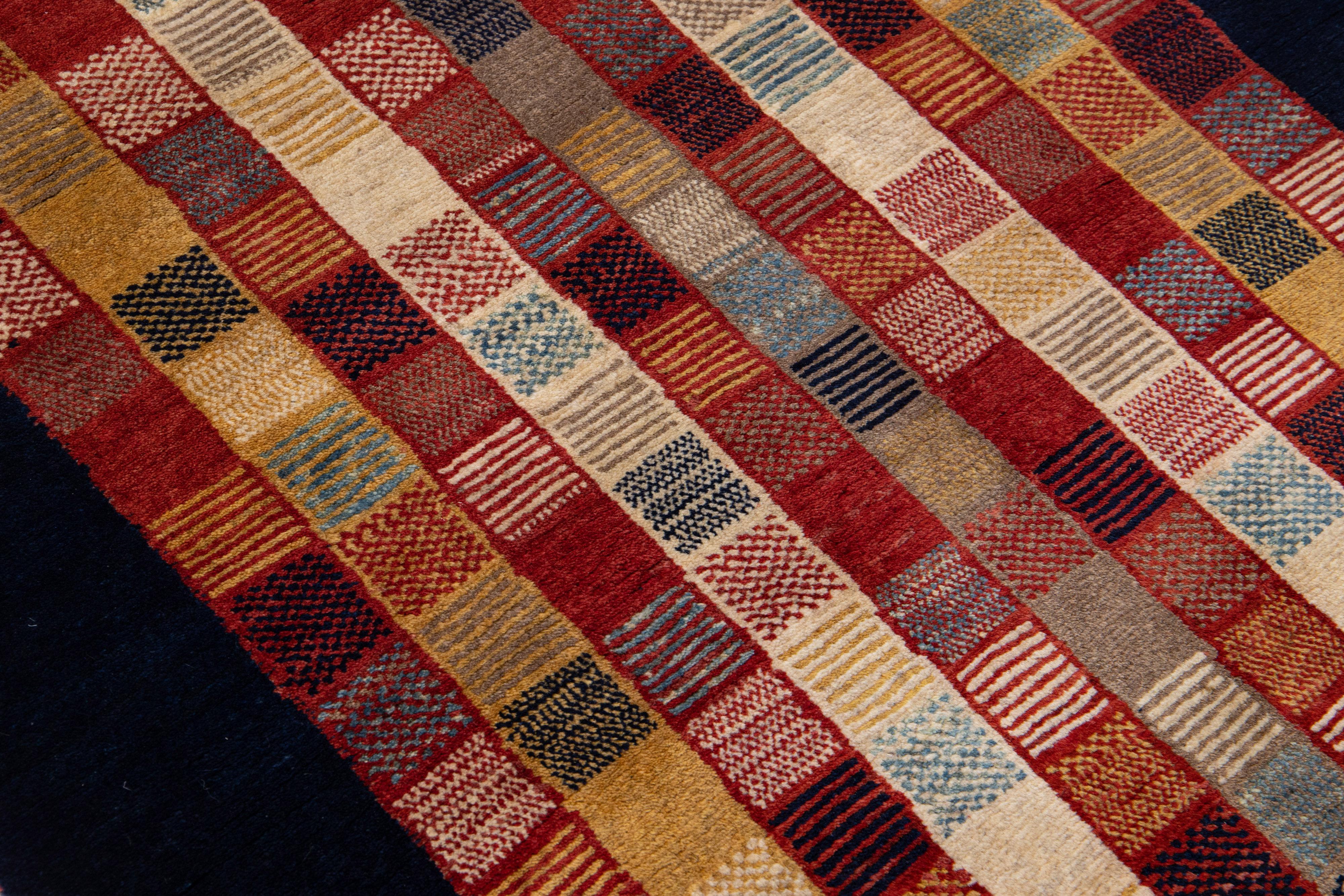 Modern Persian Gabbeh Multicolor Handmade Geometric Wool Rug For Sale 2