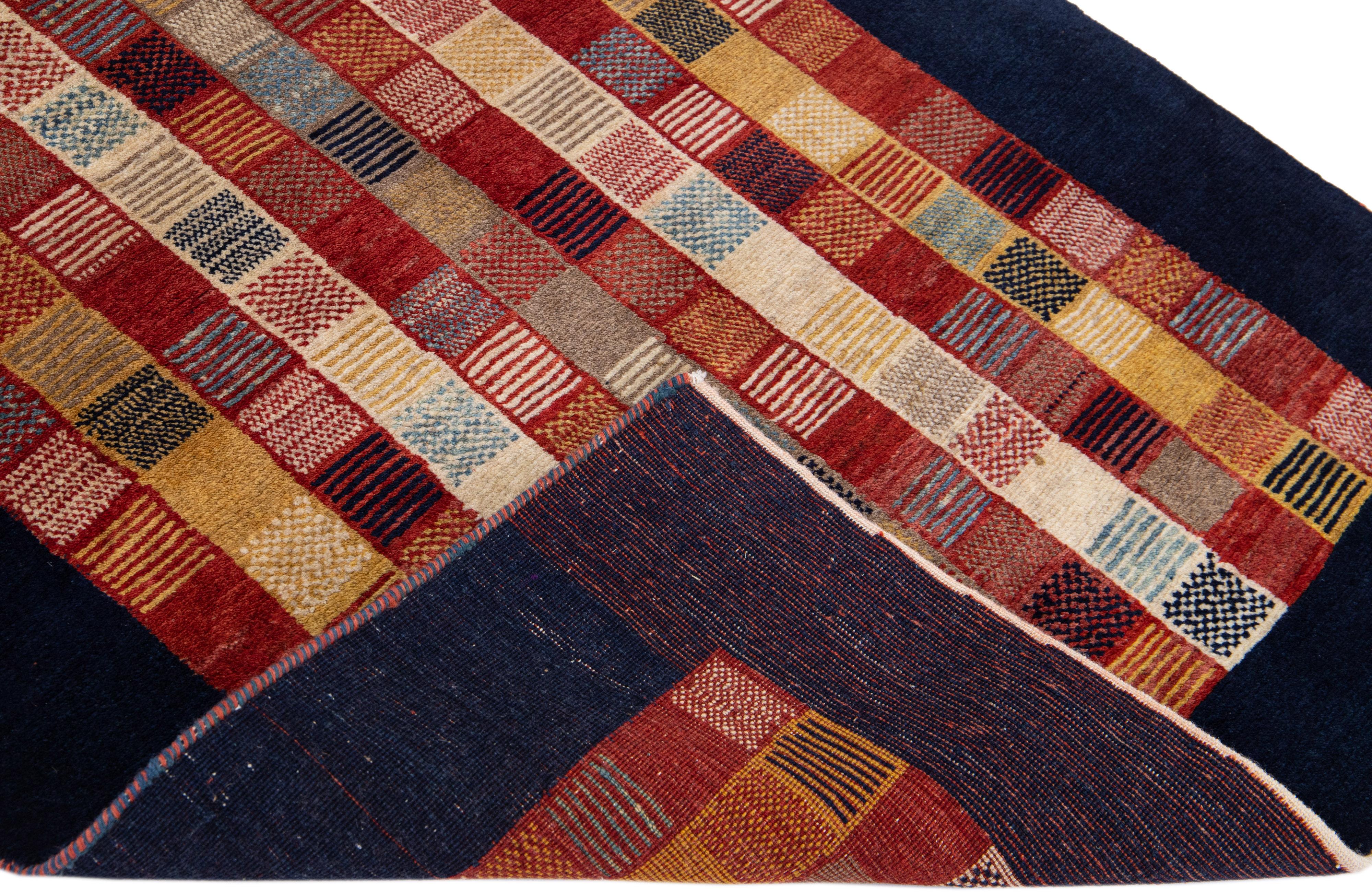 Modern Persian Gabbeh Multicolor Handmade Geometric Wool Rug For Sale 3