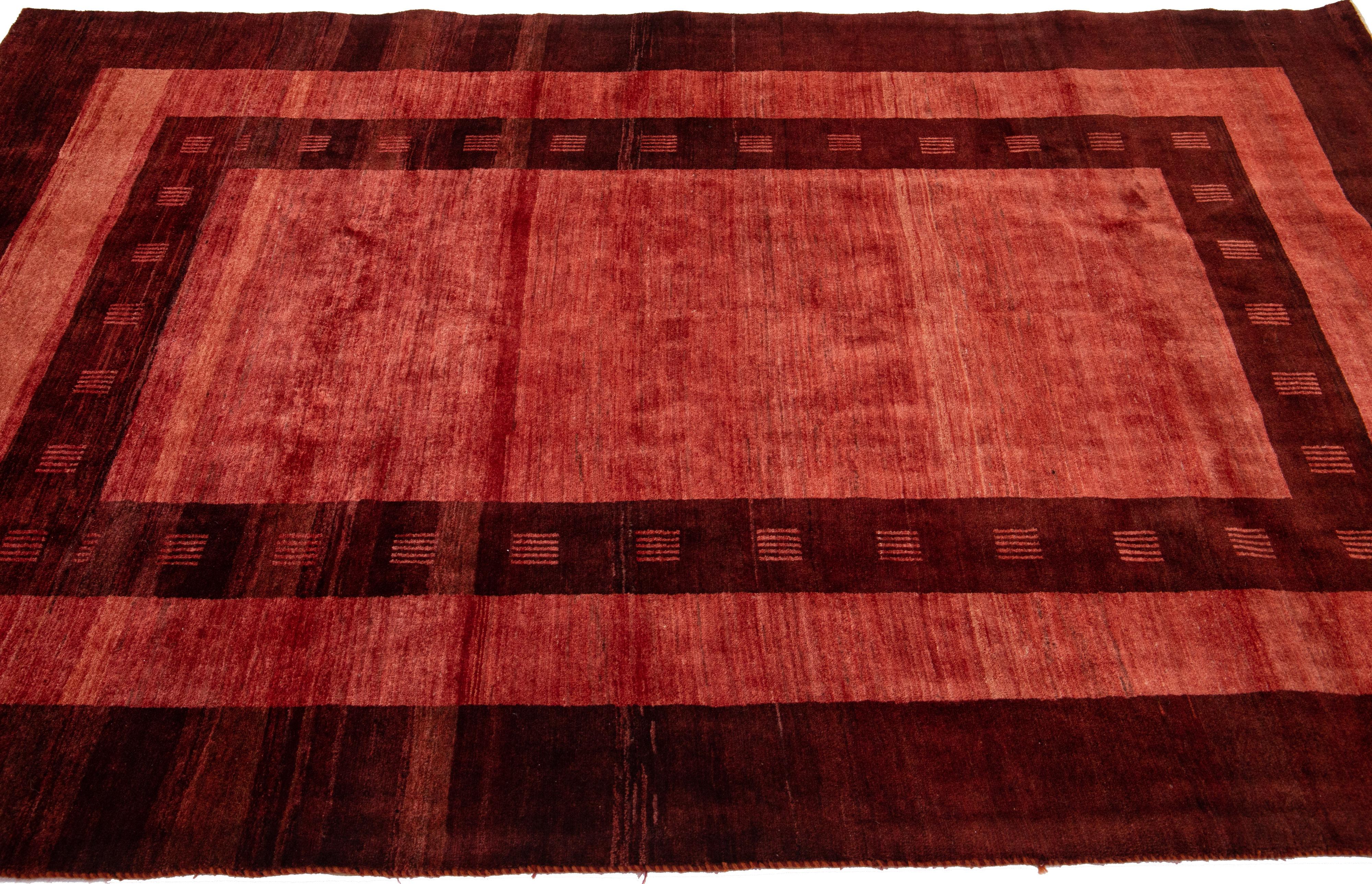 Hand-Woven Modern Persian Gabbeh Red Handmade Wool Rug with Geometric Pattern For Sale