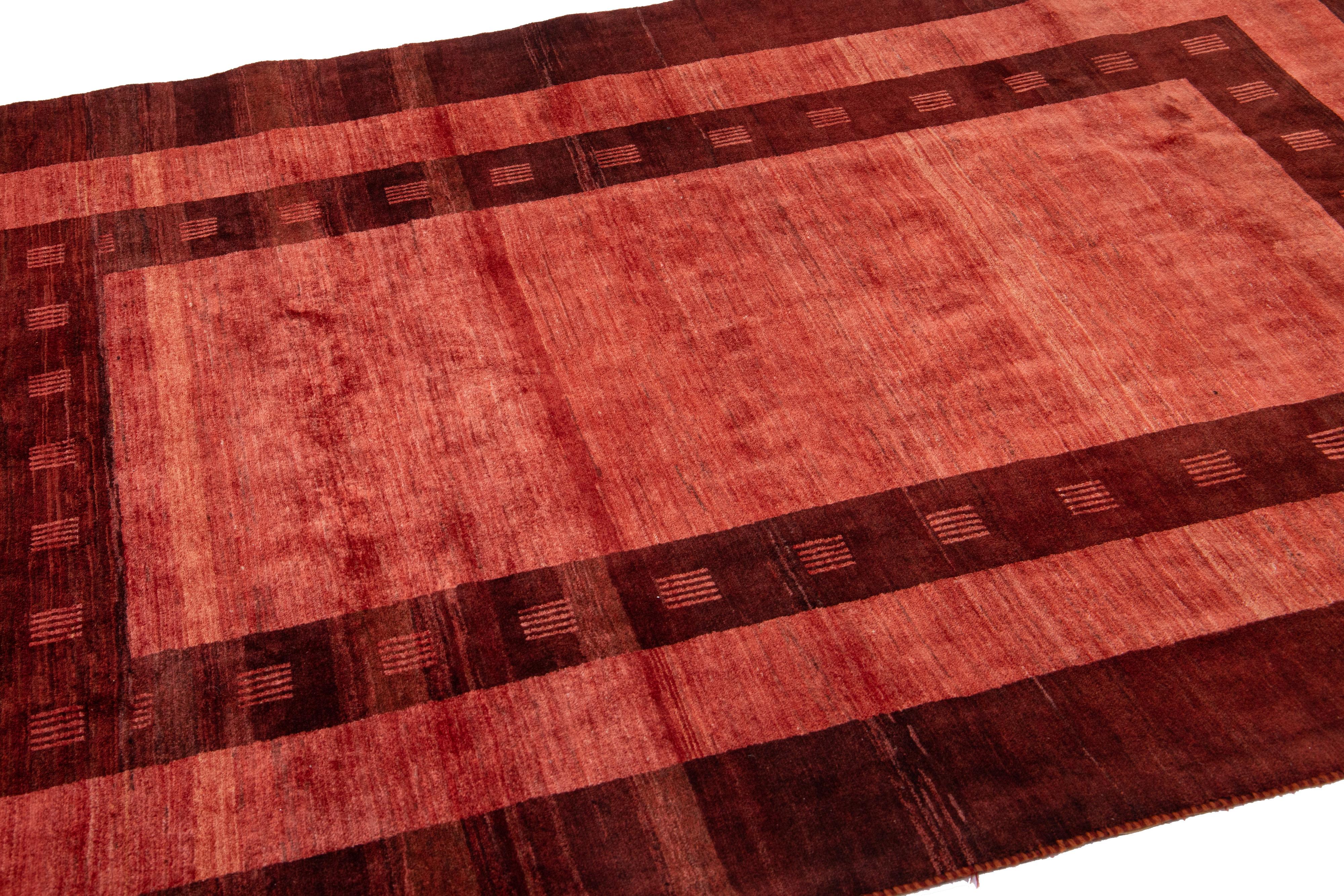 Contemporary Modern Persian Gabbeh Red Handmade Wool Rug with Geometric Pattern For Sale