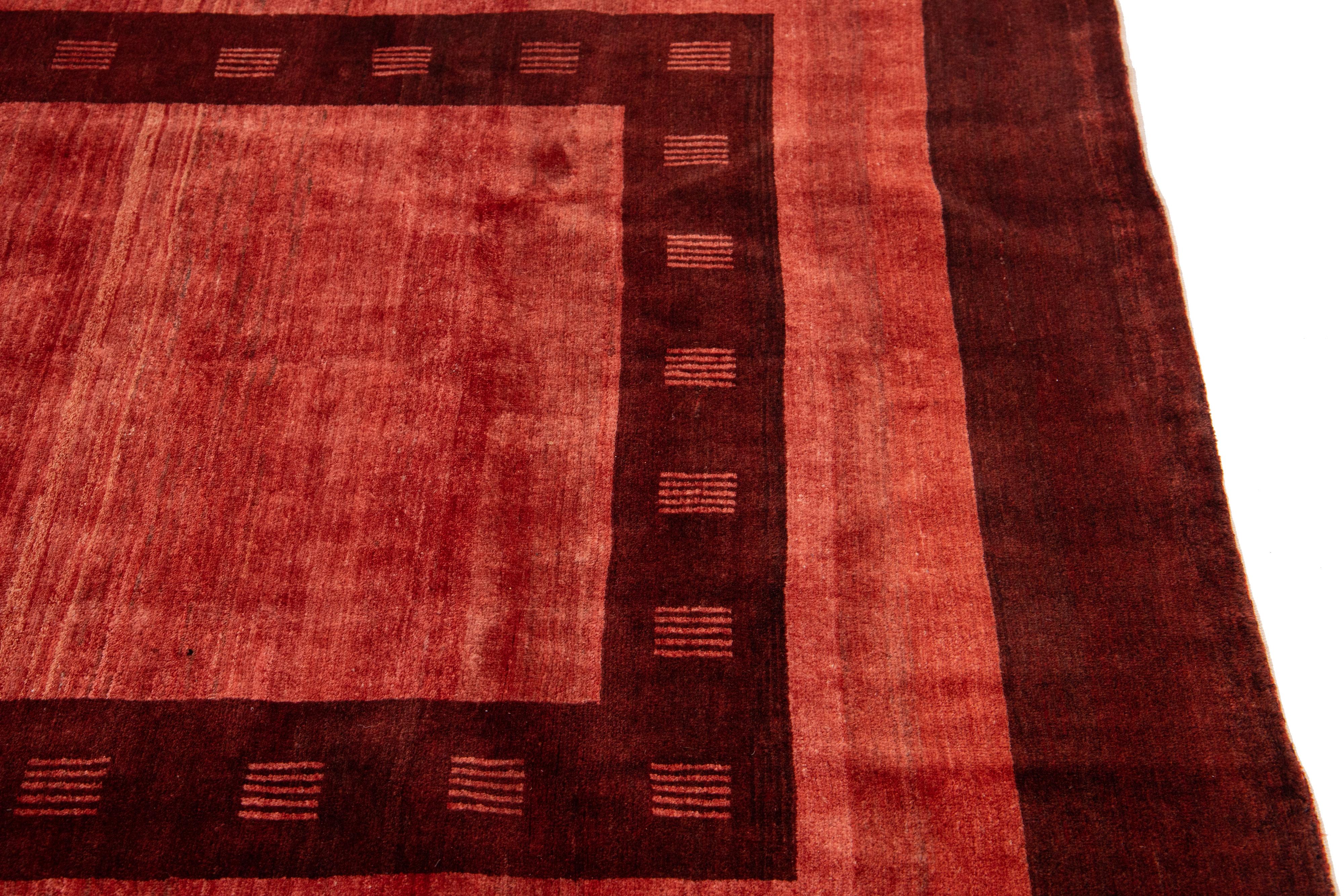 Modern Persian Gabbeh Red Handmade Wool Rug with Geometric Pattern For Sale 2