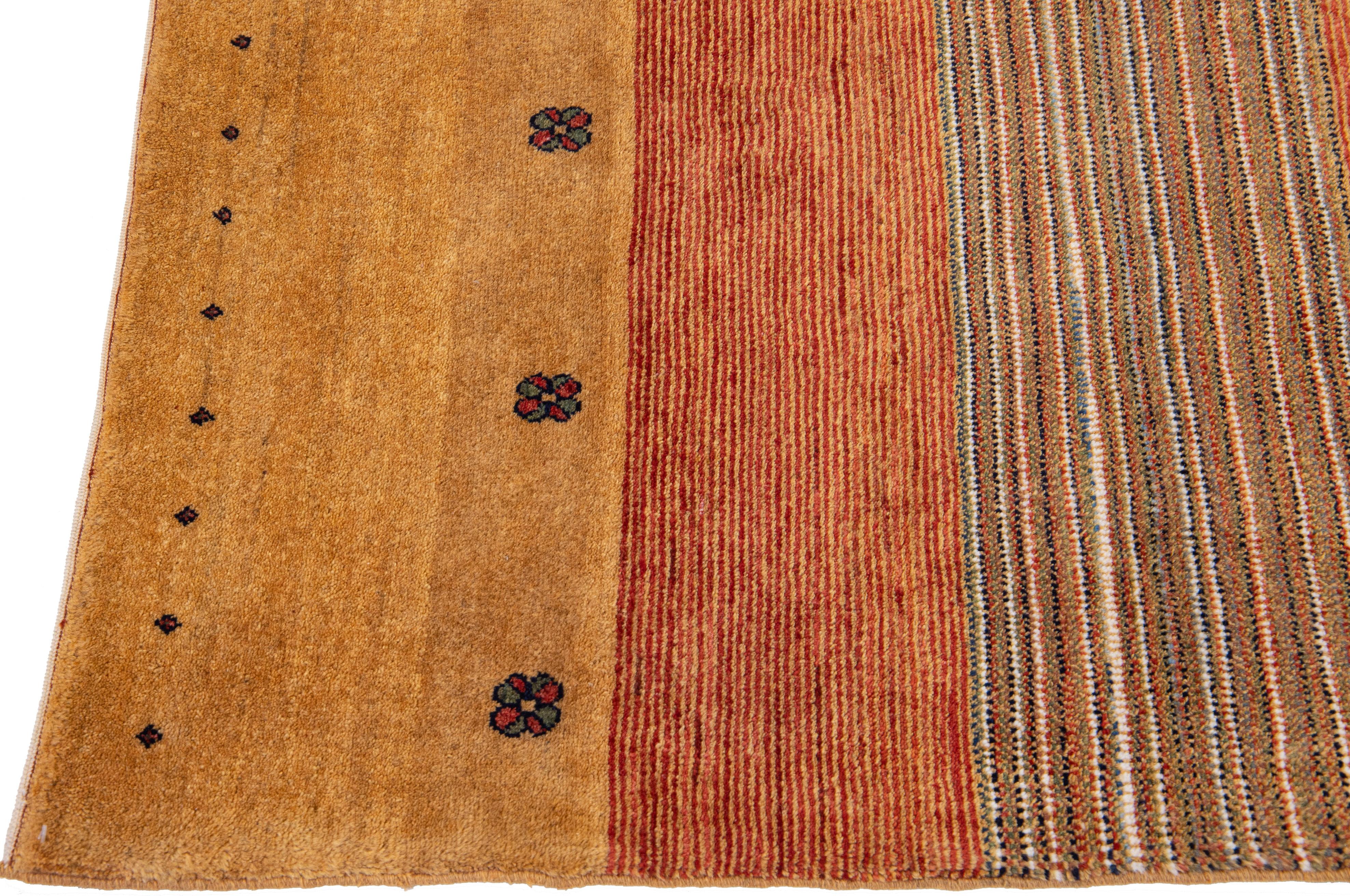 Indian Modern Persian Gabbeh Tan Handmade Scatter Wool Rug with Geometric Motif For Sale