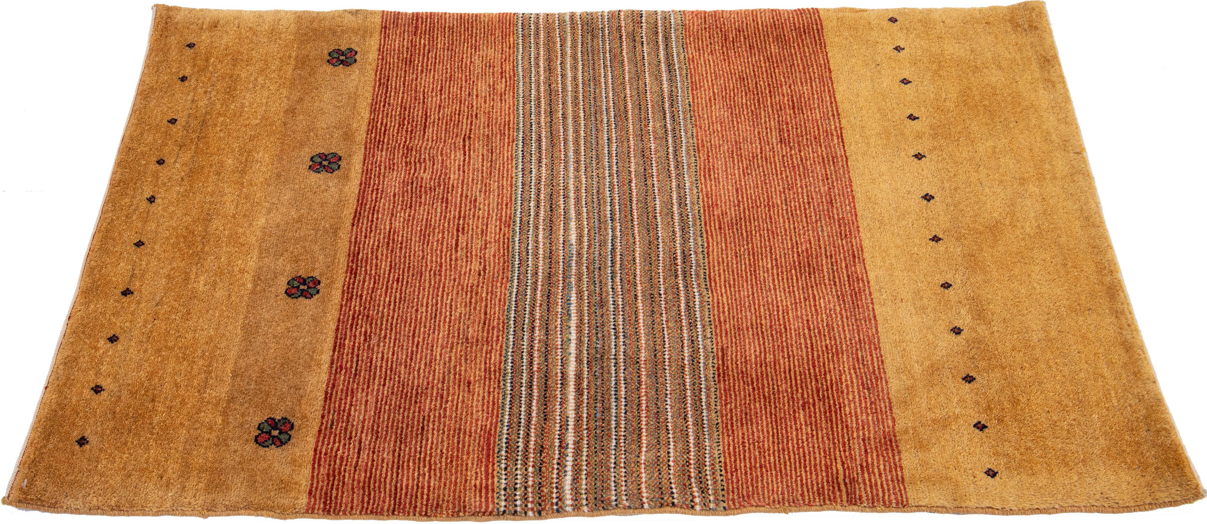 Modern Persian Gabbeh Tan Handmade Scatter Wool Rug with Geometric Motif For Sale 1