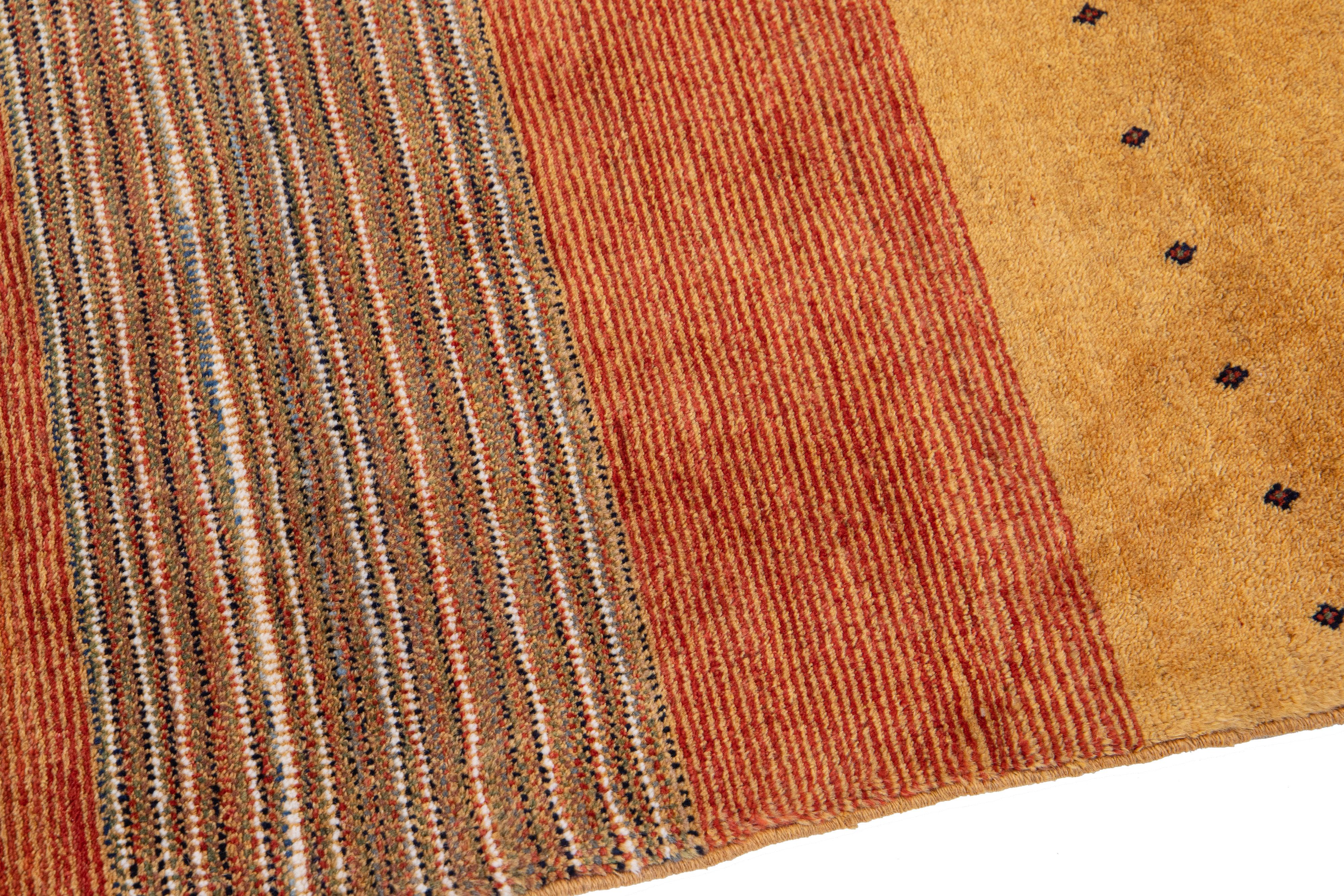 Modern Persian Gabbeh Tan Handmade Scatter Wool Rug with Geometric Motif For Sale 2