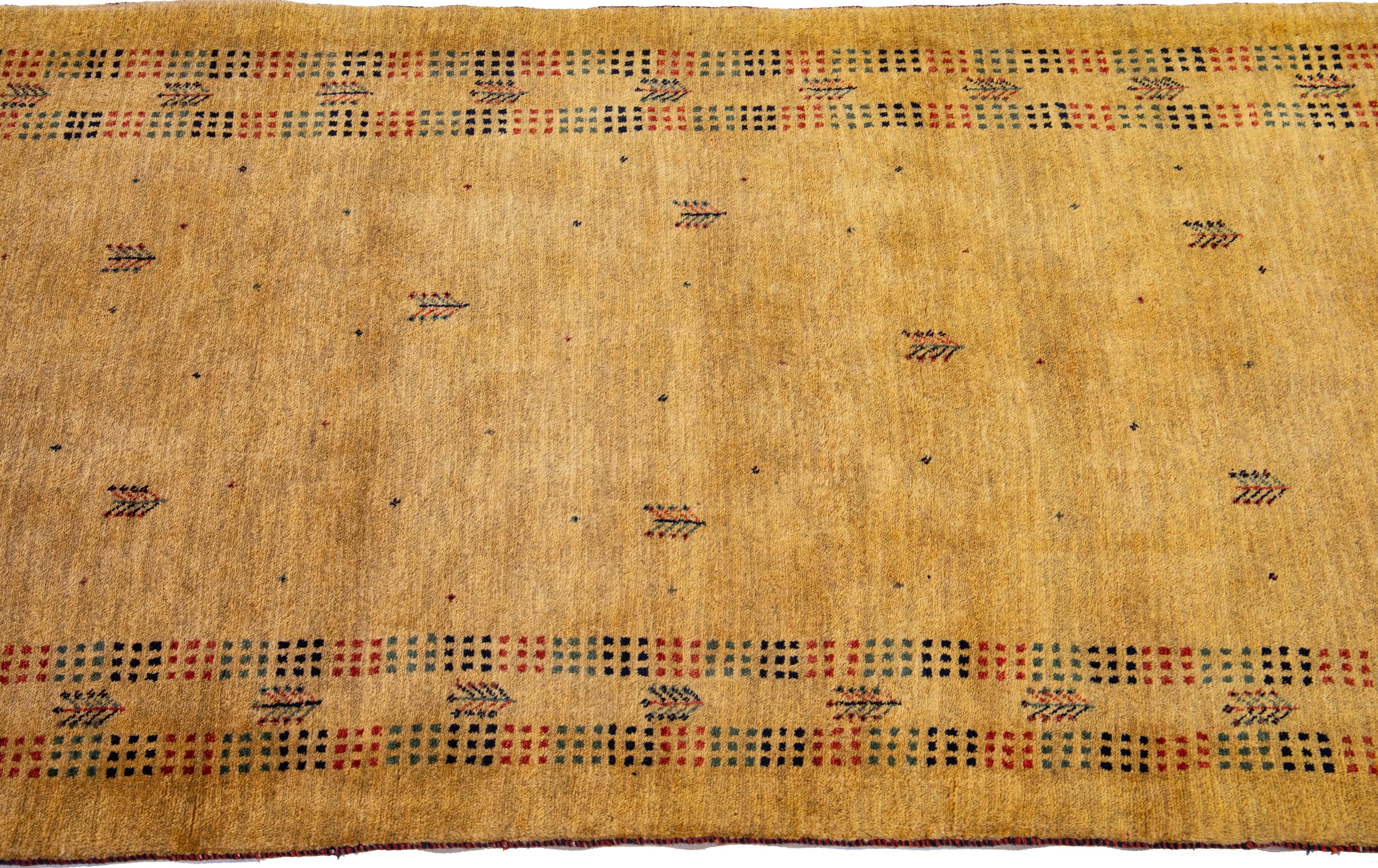 Modern Persian Gabbeh Tan Handmade Wool Rug With Multicolor Pattern In New Condition For Sale In Norwalk, CT