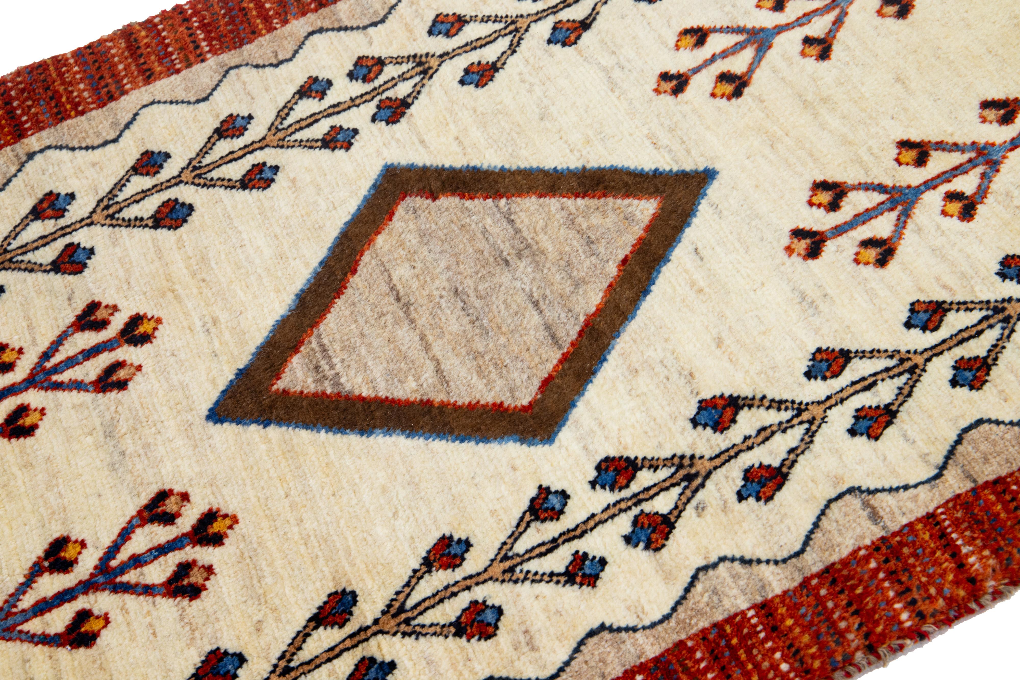Hand-Woven Modern Persian Gabbeh Wool Rug In Beige with Tribal Pattern For Sale